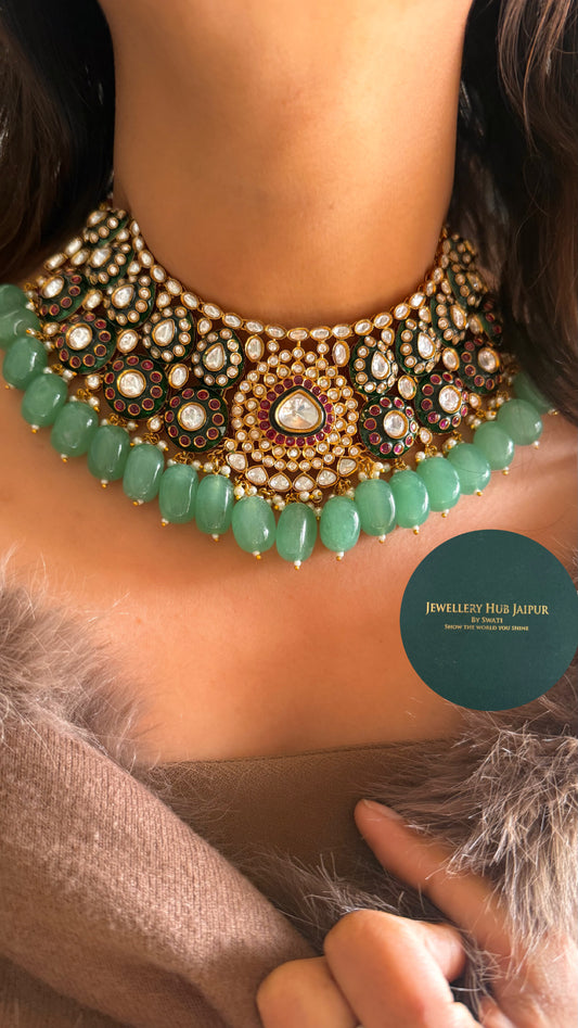 Ruby & emerald meenakari choker with mint drops