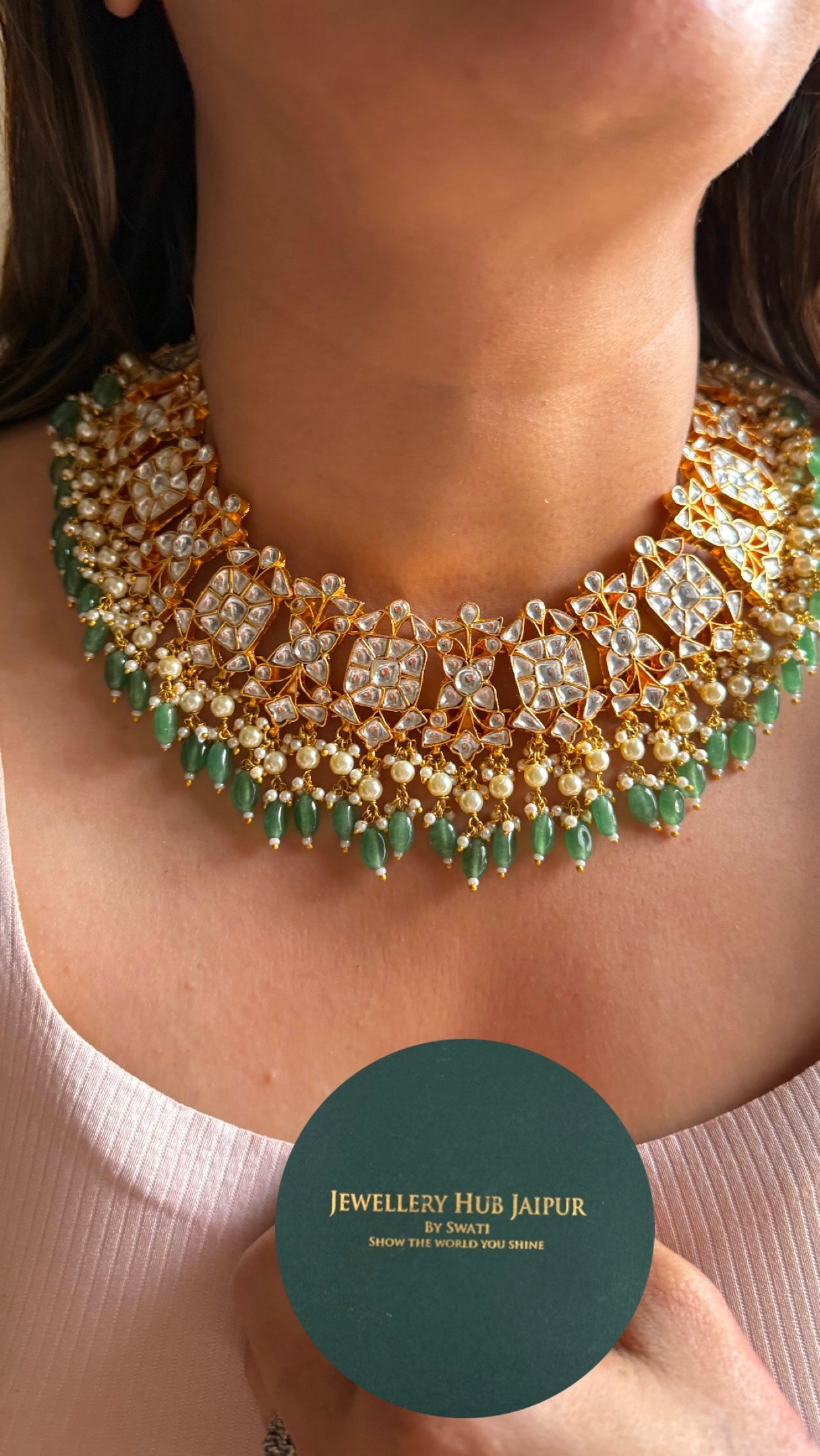 Handmade jadau strawberry drops mint collar necklace