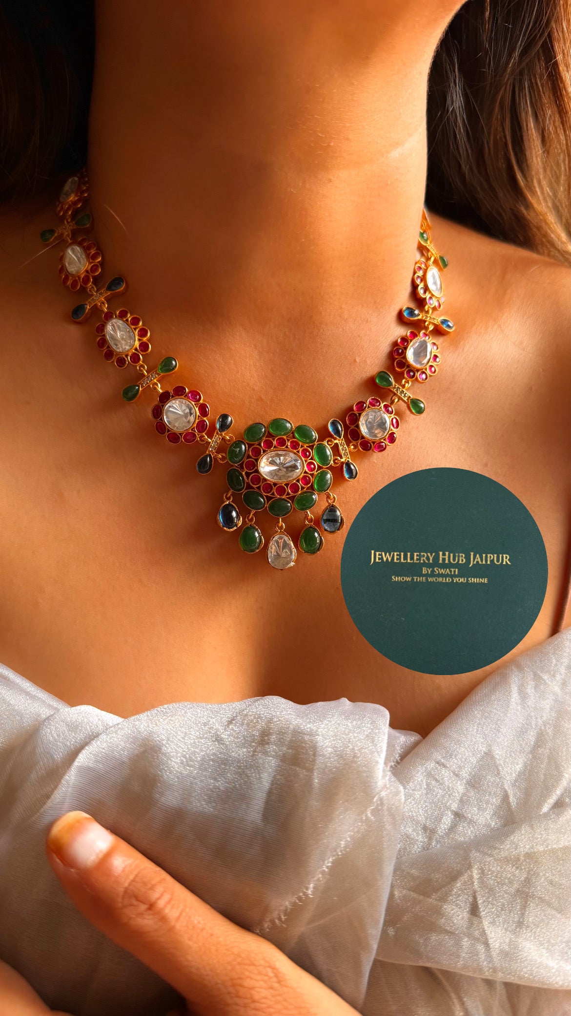 Amrapali inspired Natural stone Emerald & rani pink floral collar set