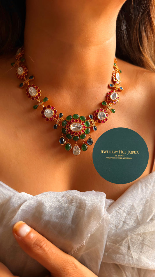 Amrapali inspired Natural stone Emerald & rani pink floral collar set