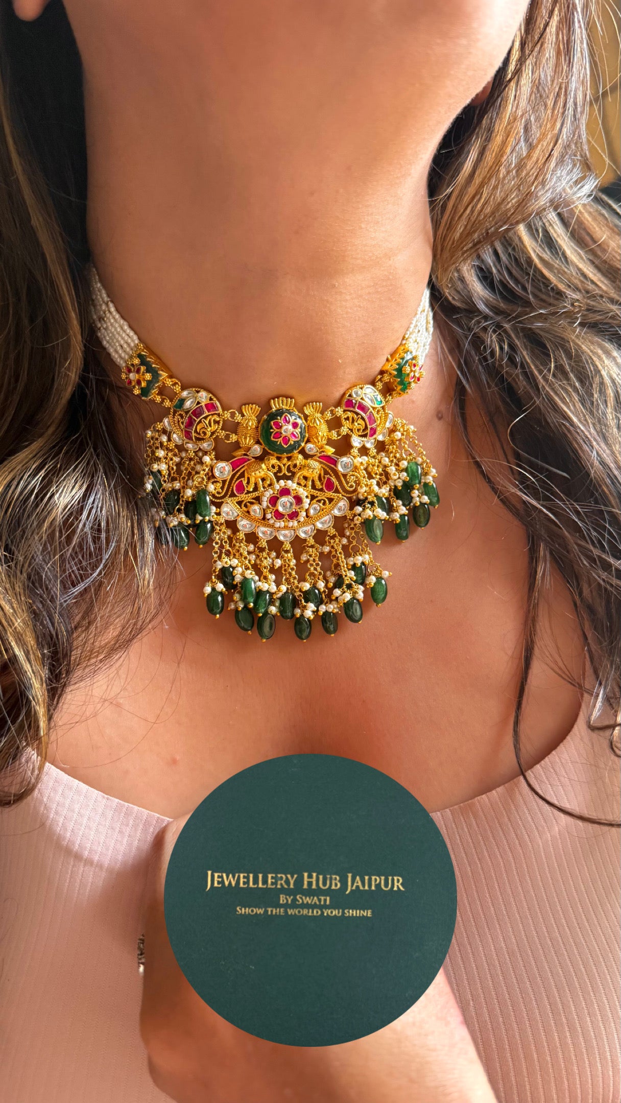 Gajj inspired emerald & Rani pink with drops collar necklace
