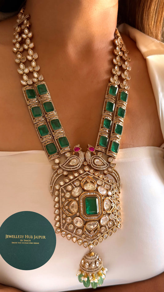 Vandana emerald Moissanite peacock mid length necklace