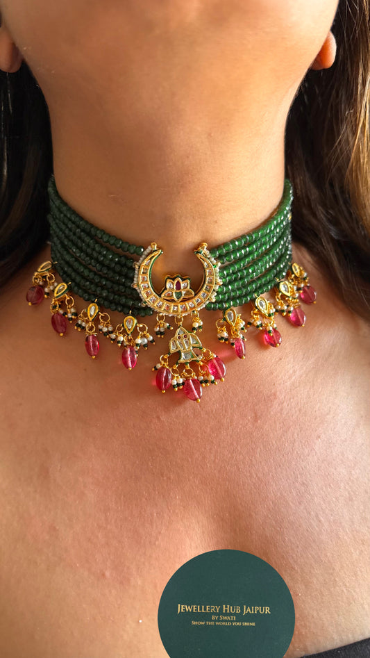 Moon shape emerald meenakari work with rose quartz drop Necklace