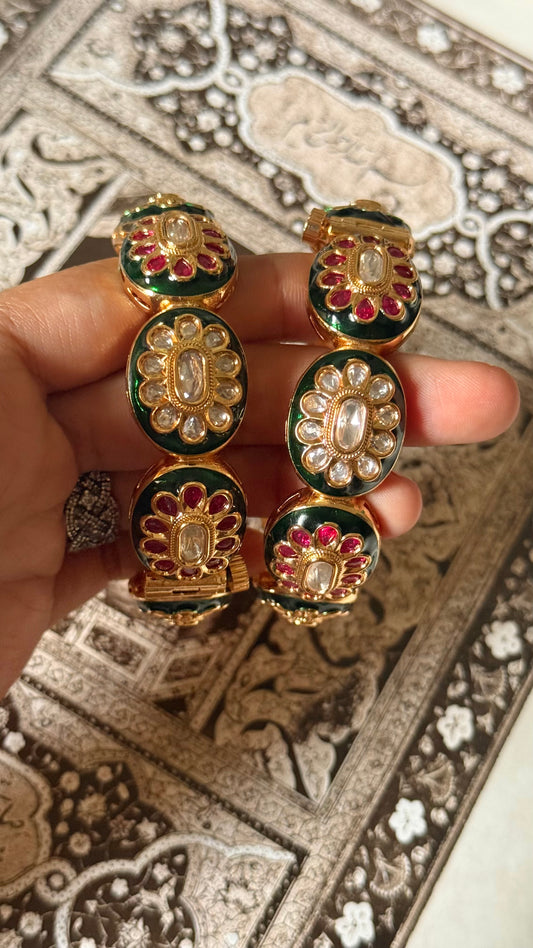 Emerald meenakari & Rani pink floral openable bangle
