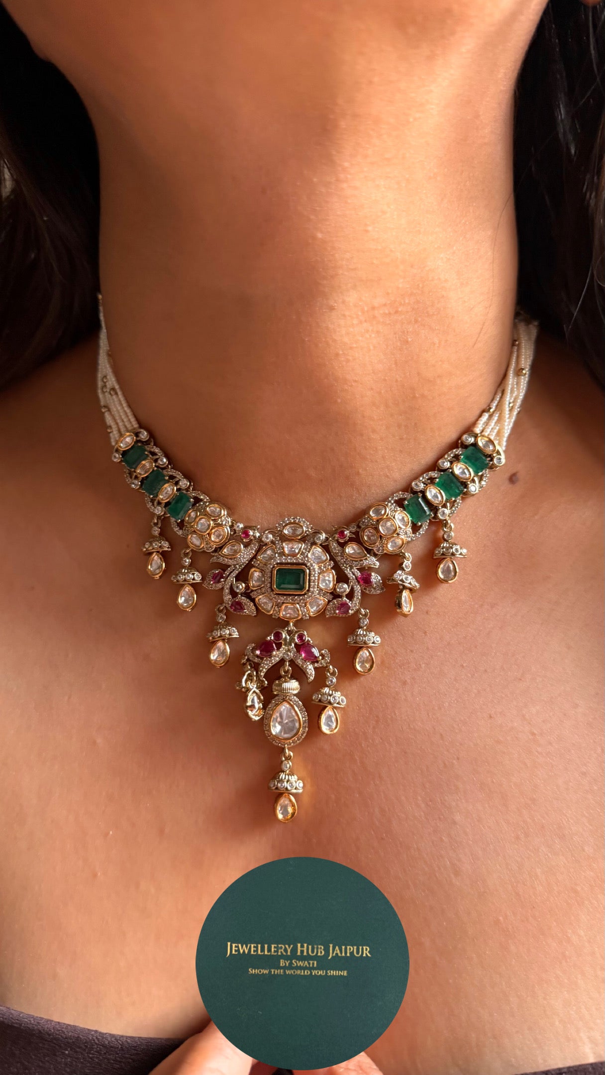 Vintage emerald with Rani pink statement necklace