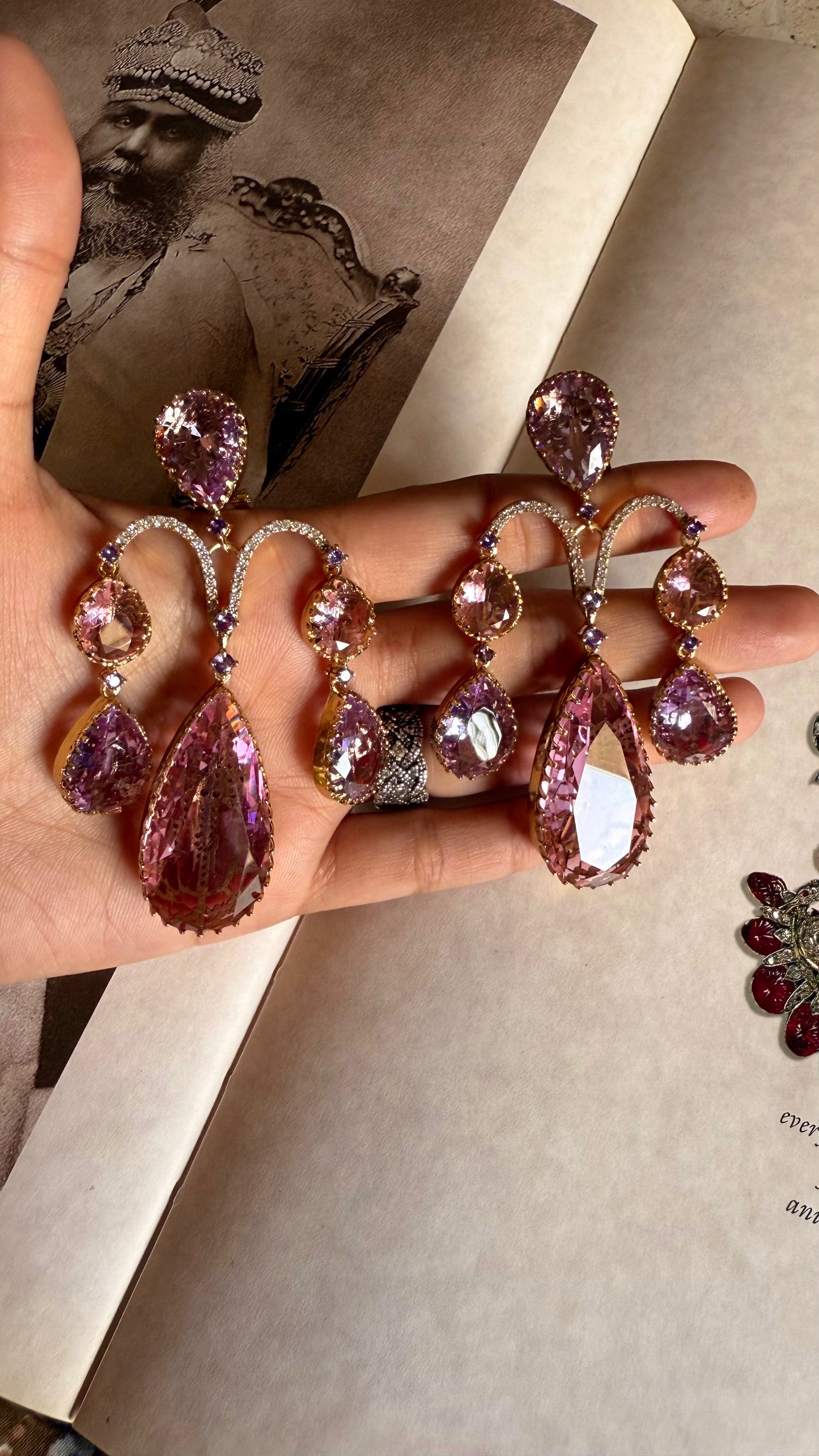 Sabhyasachi inspired light tanzanite & rose quartz danglers