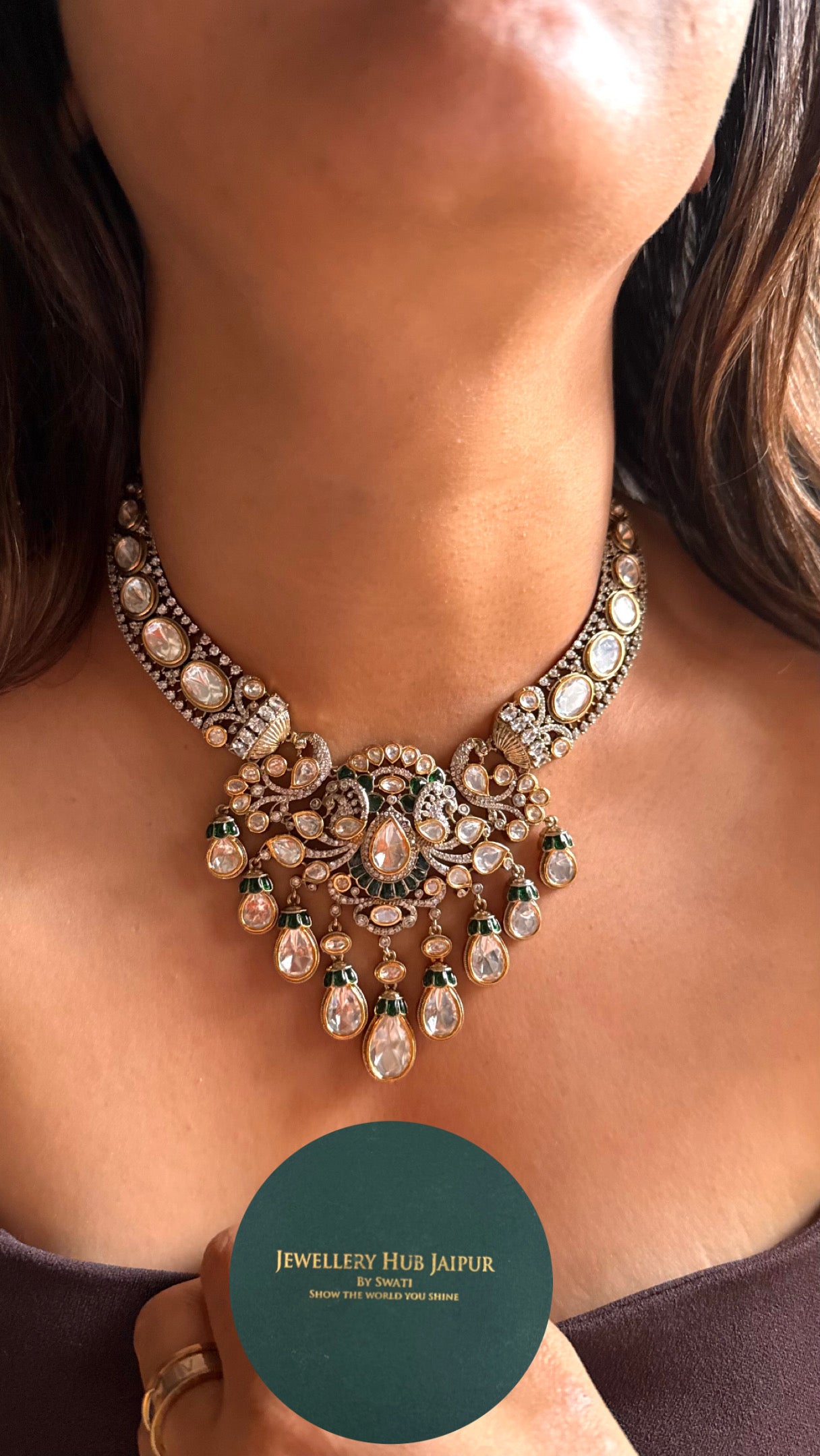 Emerald vintage  moissanite polki collar necklace