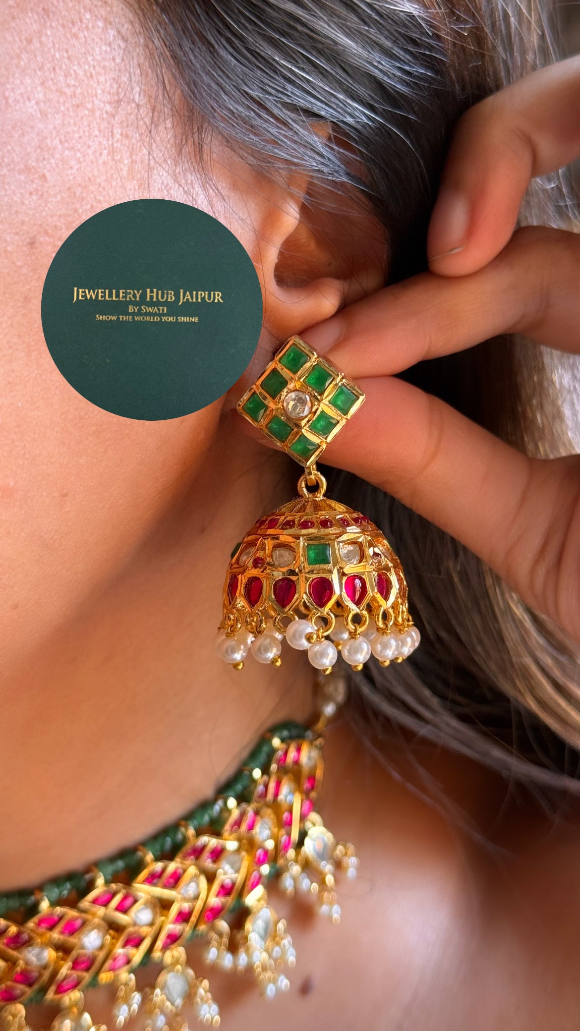 Heritage Rani pink & emerald real moissanite designer choker set