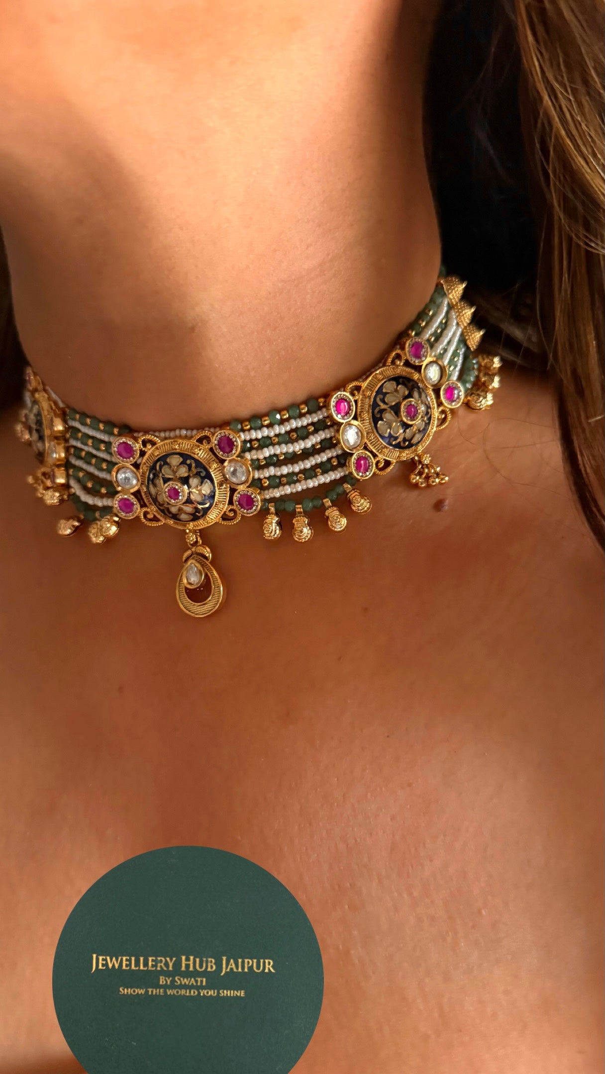 Sapphire inlay carved with emerald detailing heritage Necklace