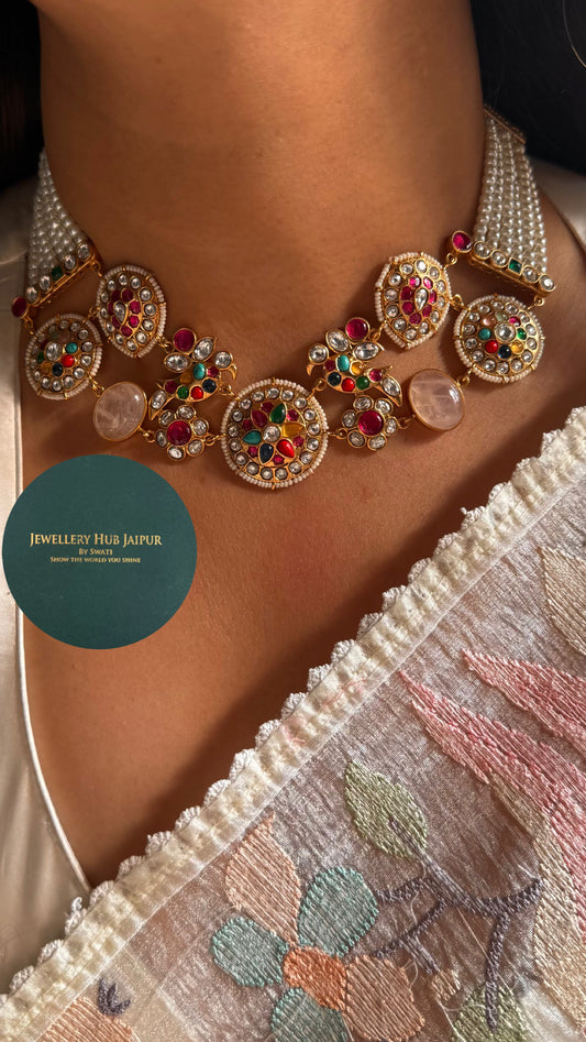 Rose Quartz Amrapali Navratna pearl set