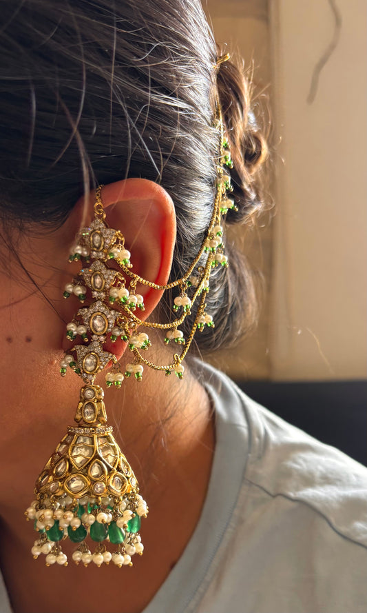 Polki Jhumki emerald pearl detailing with attach kaan chain Earrings