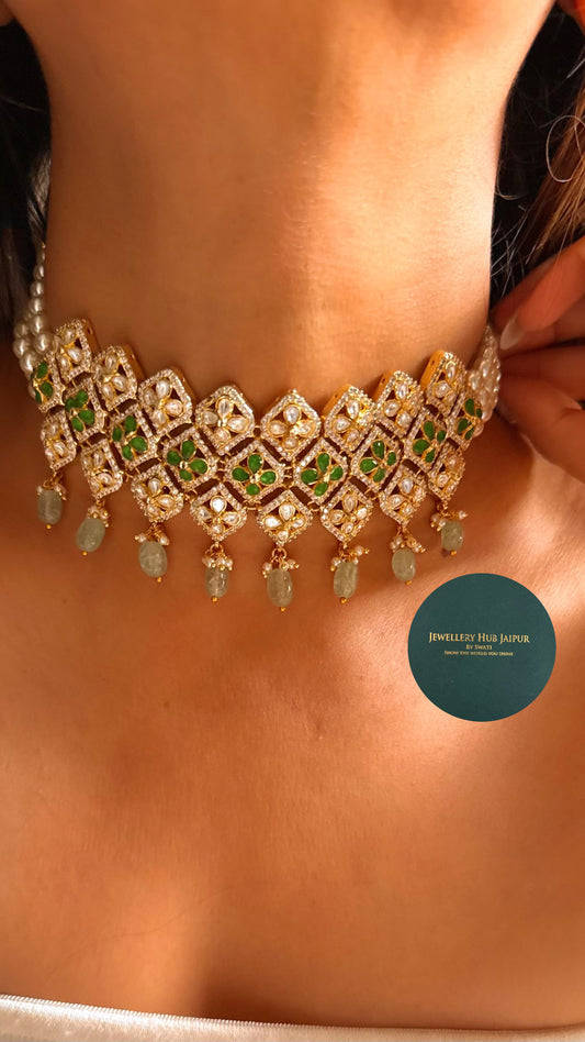 Rani pink & emerald floral polki with mint drop choker set