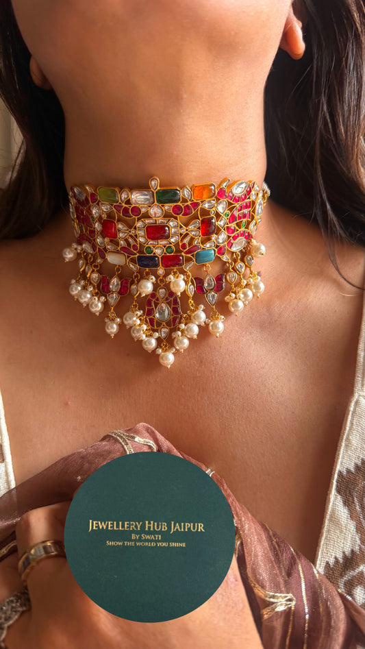 Handmade paachi Kundan jadau with drop choker necklace