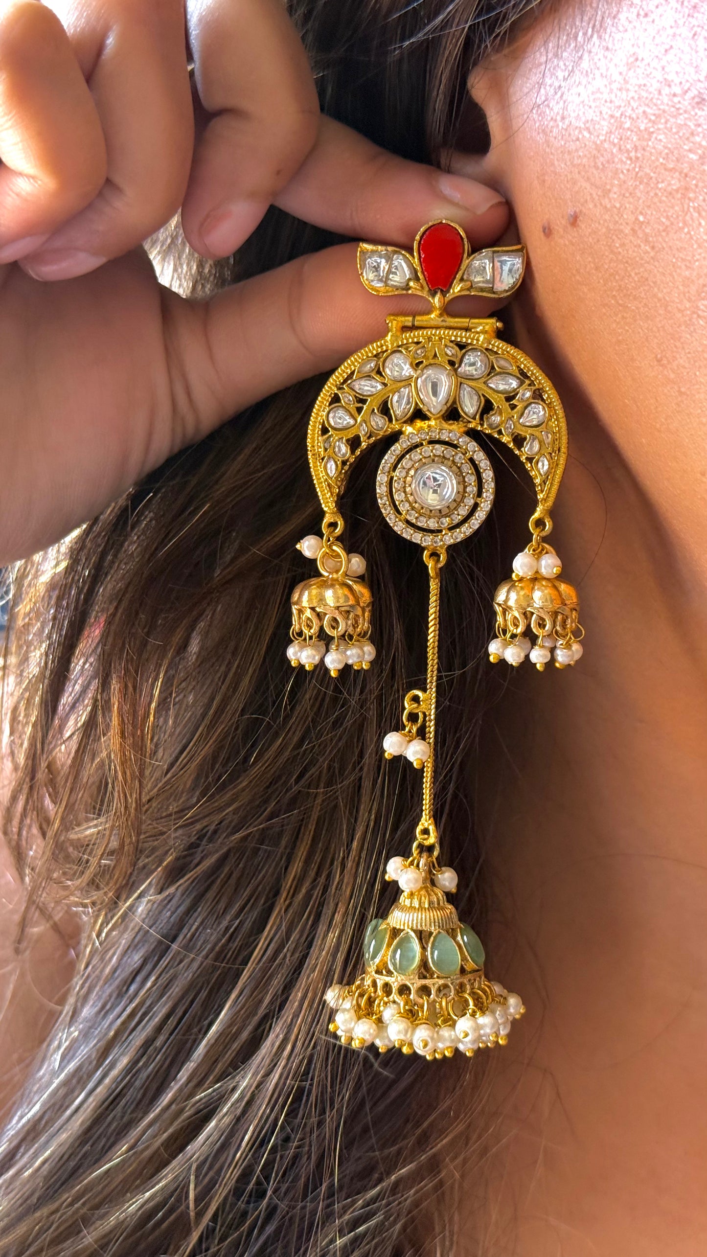 Amrapali inspired ruby mint triple jhumki danglers