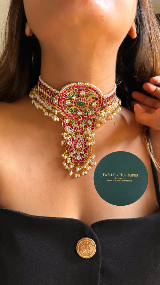 Real Kemp Rani pink & emerald paachi designer choker set