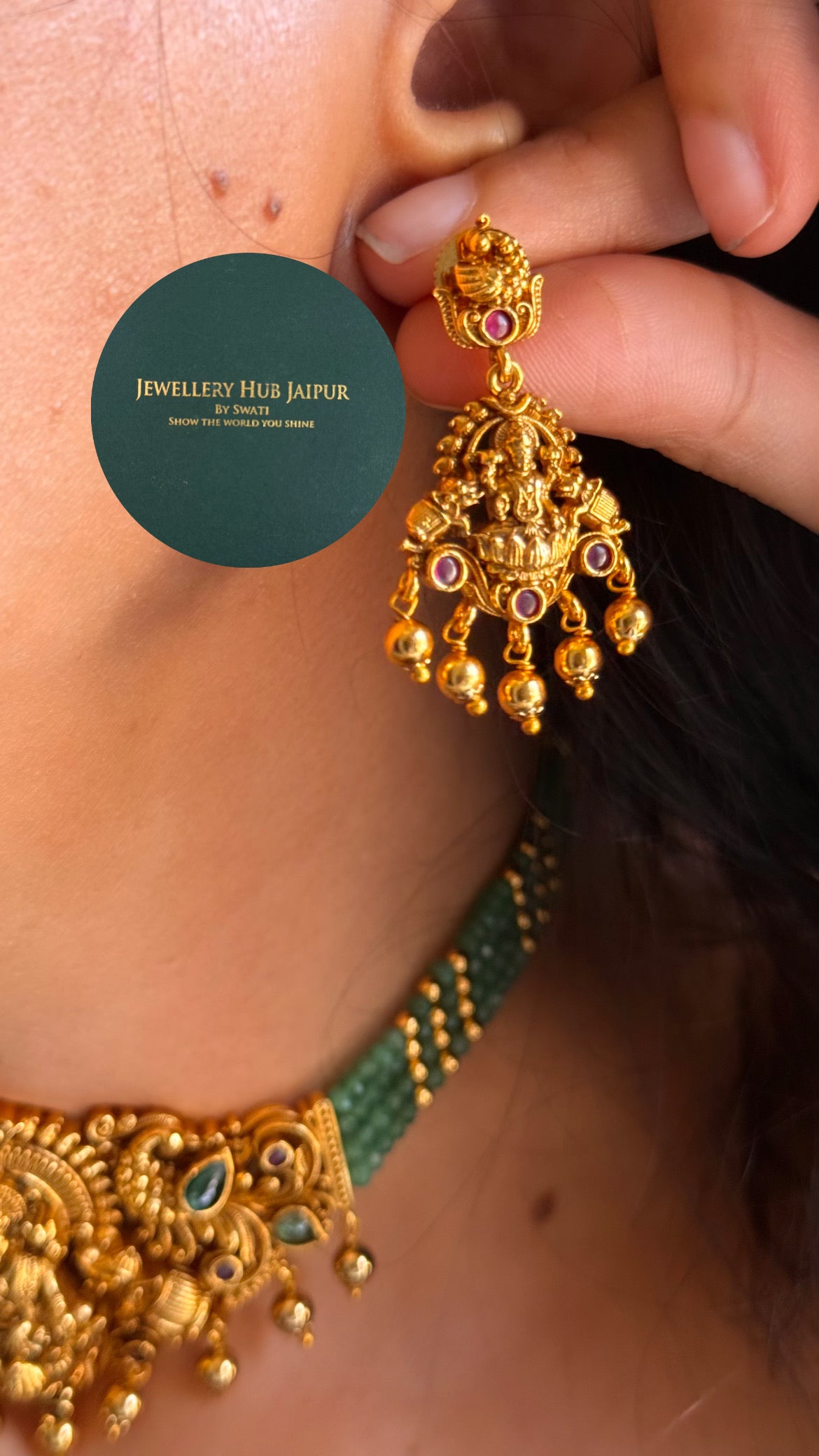 Goddess laxmi & emerald peacock design with mint temple choker set