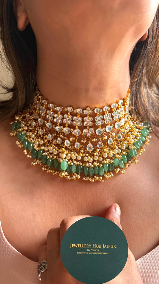 Paachi Kundan jadau with mint drops choker necklace