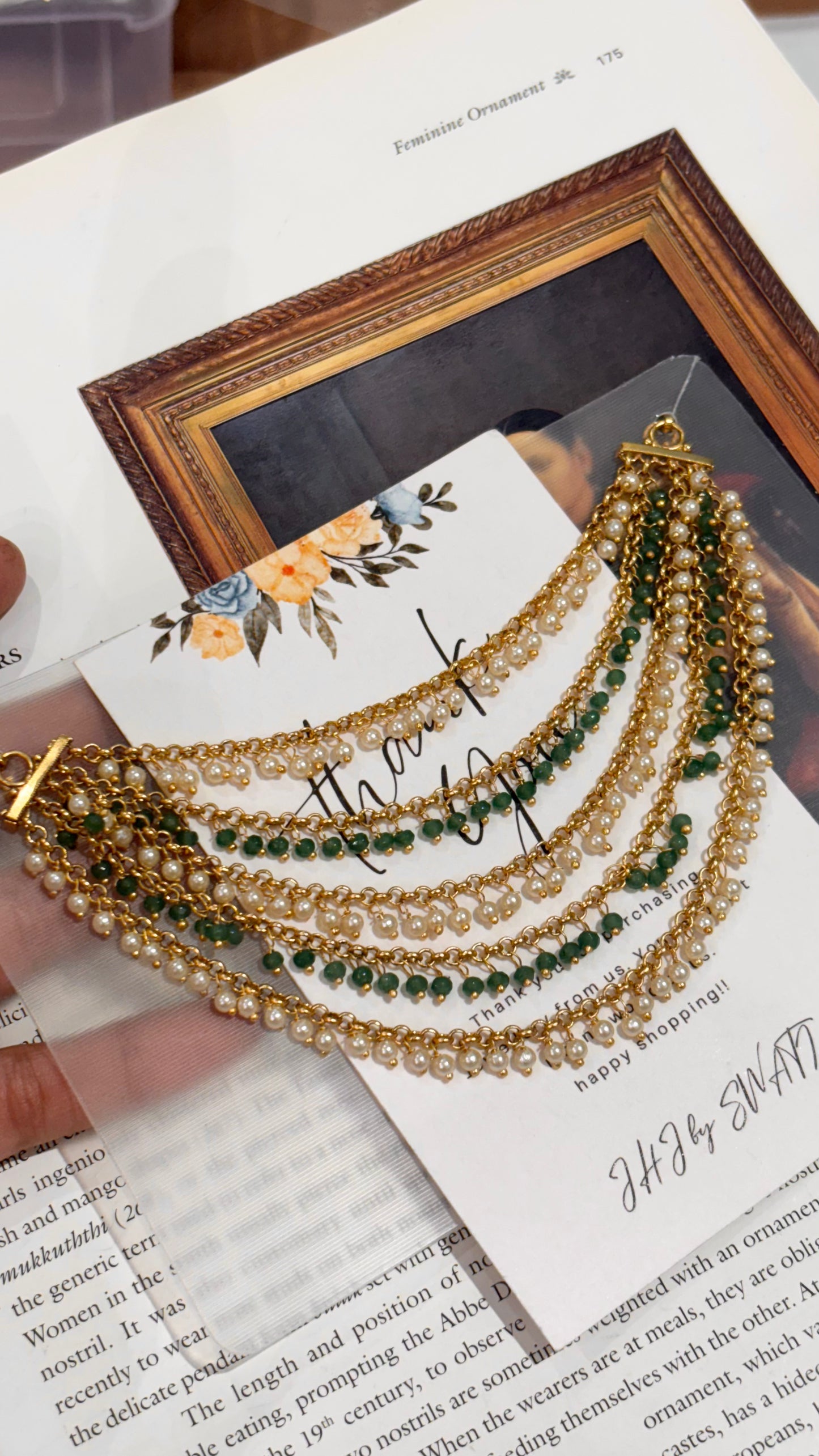 Emerald & Pearl Detailing Five Layer Earchains