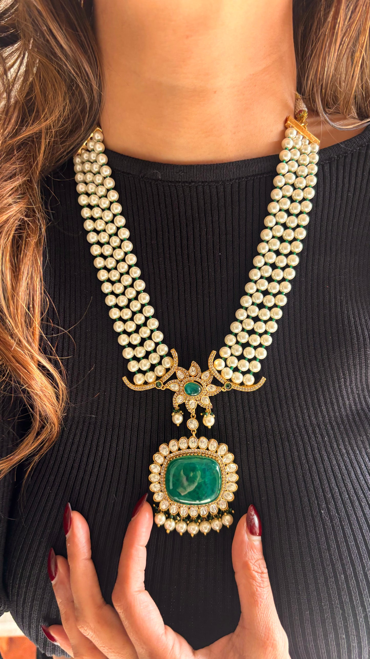 Designer pearl & emerald Moissanite necklace