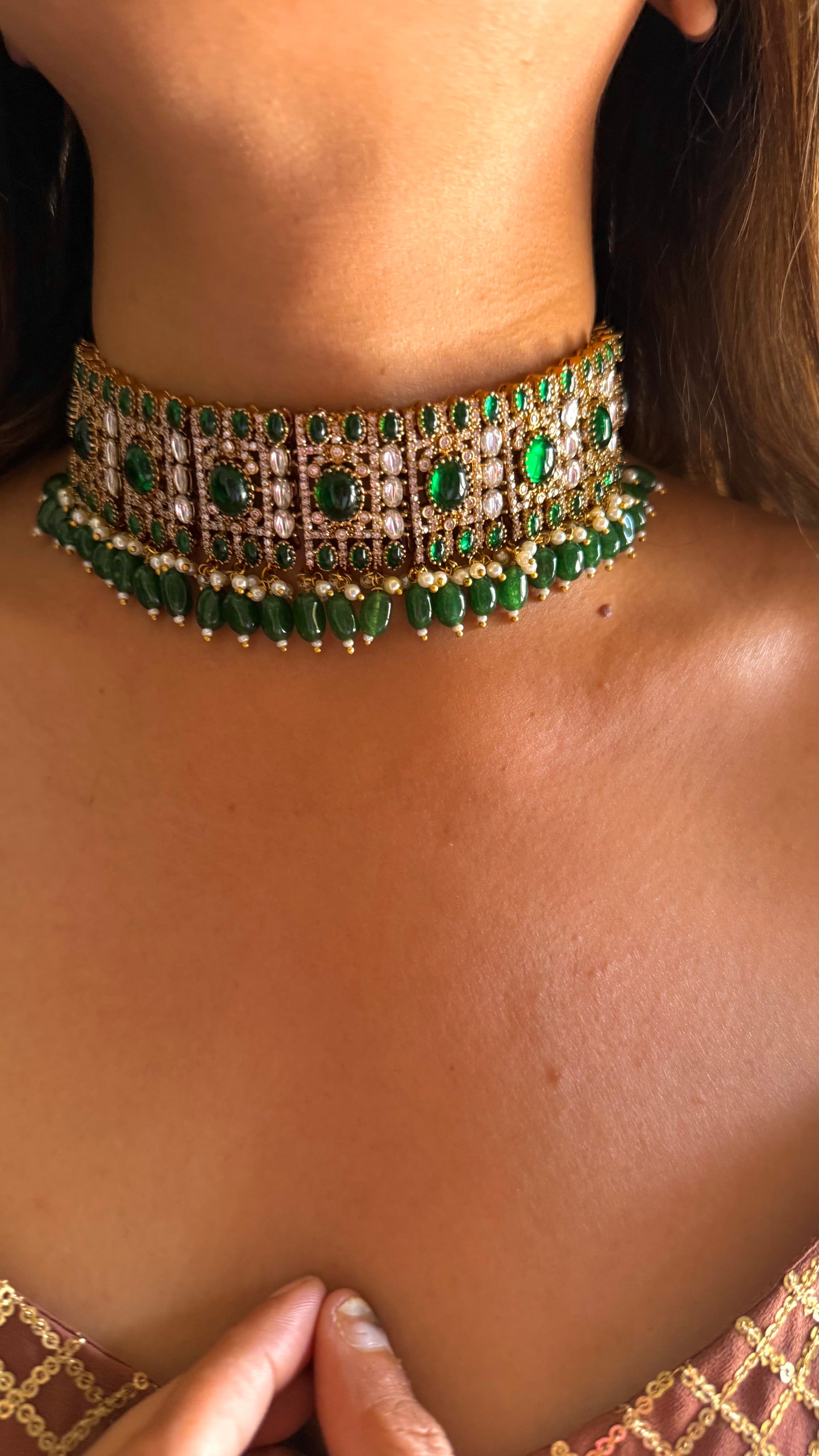 Karishma Emerald doublet moissanite choker