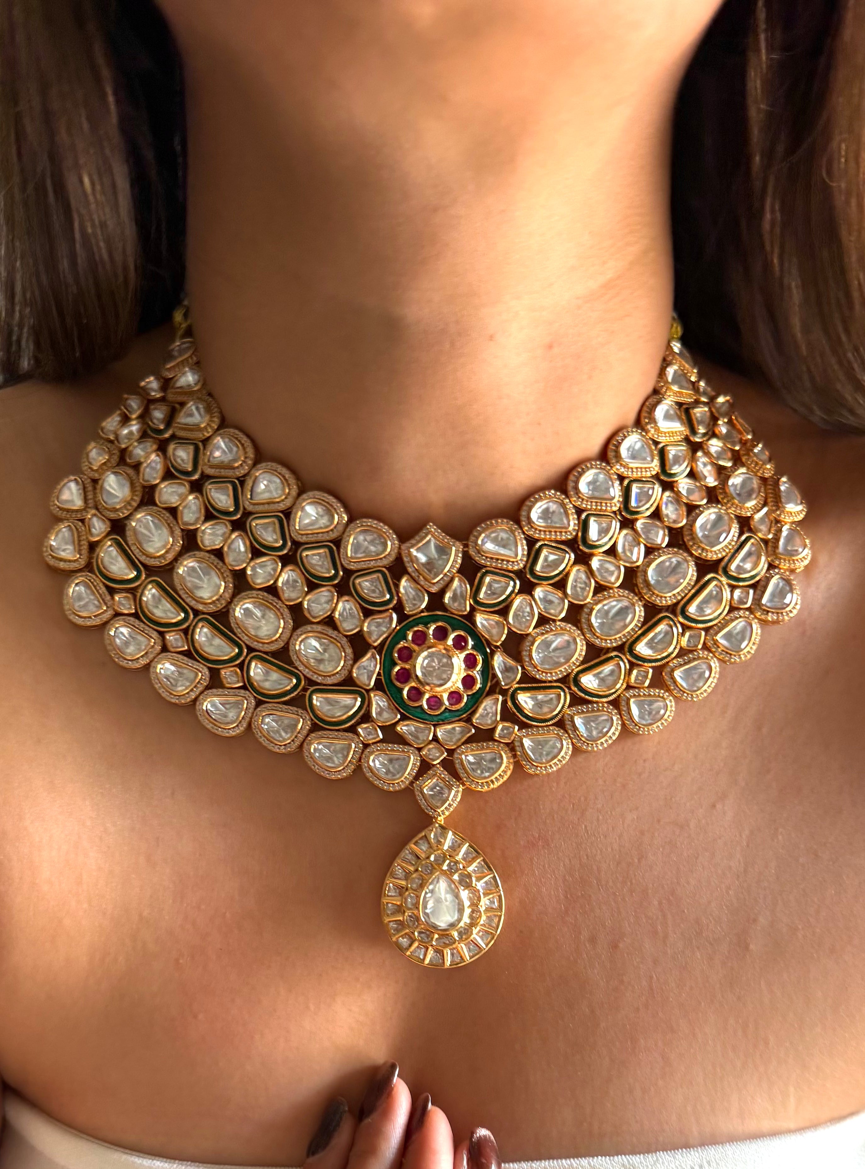 Emerald meenakari & ruby Moissanite uncut polki collar set