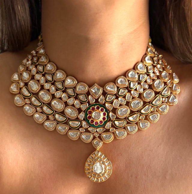 Emerald meenakari & ruby Moissanite uncut polki collar set