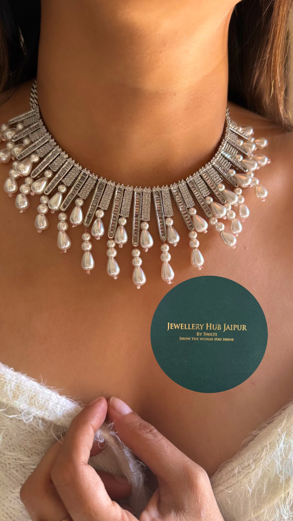 Tear shape pearl drop diamond necklace