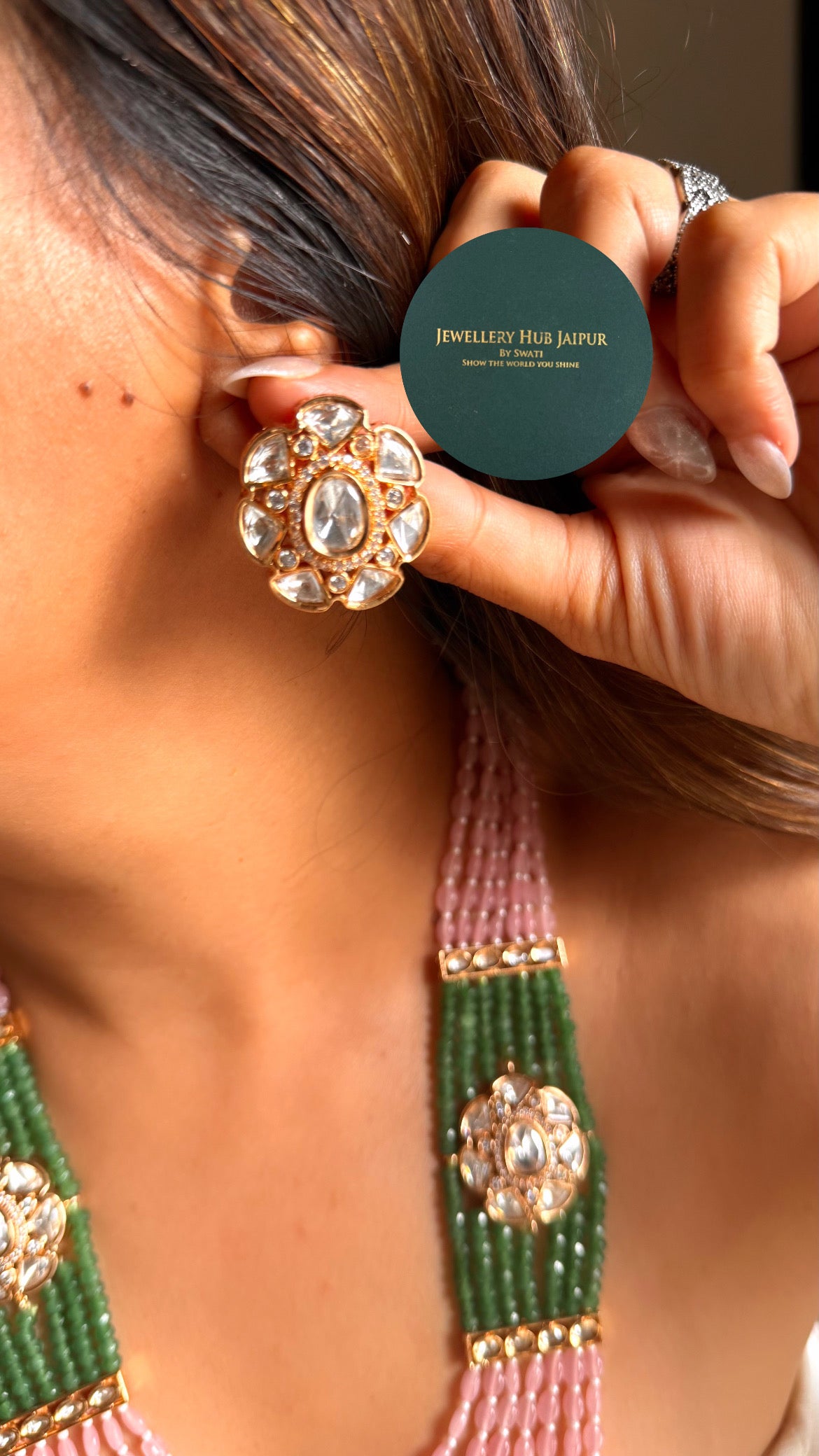 Rose quartz & emerald floral moissanite string