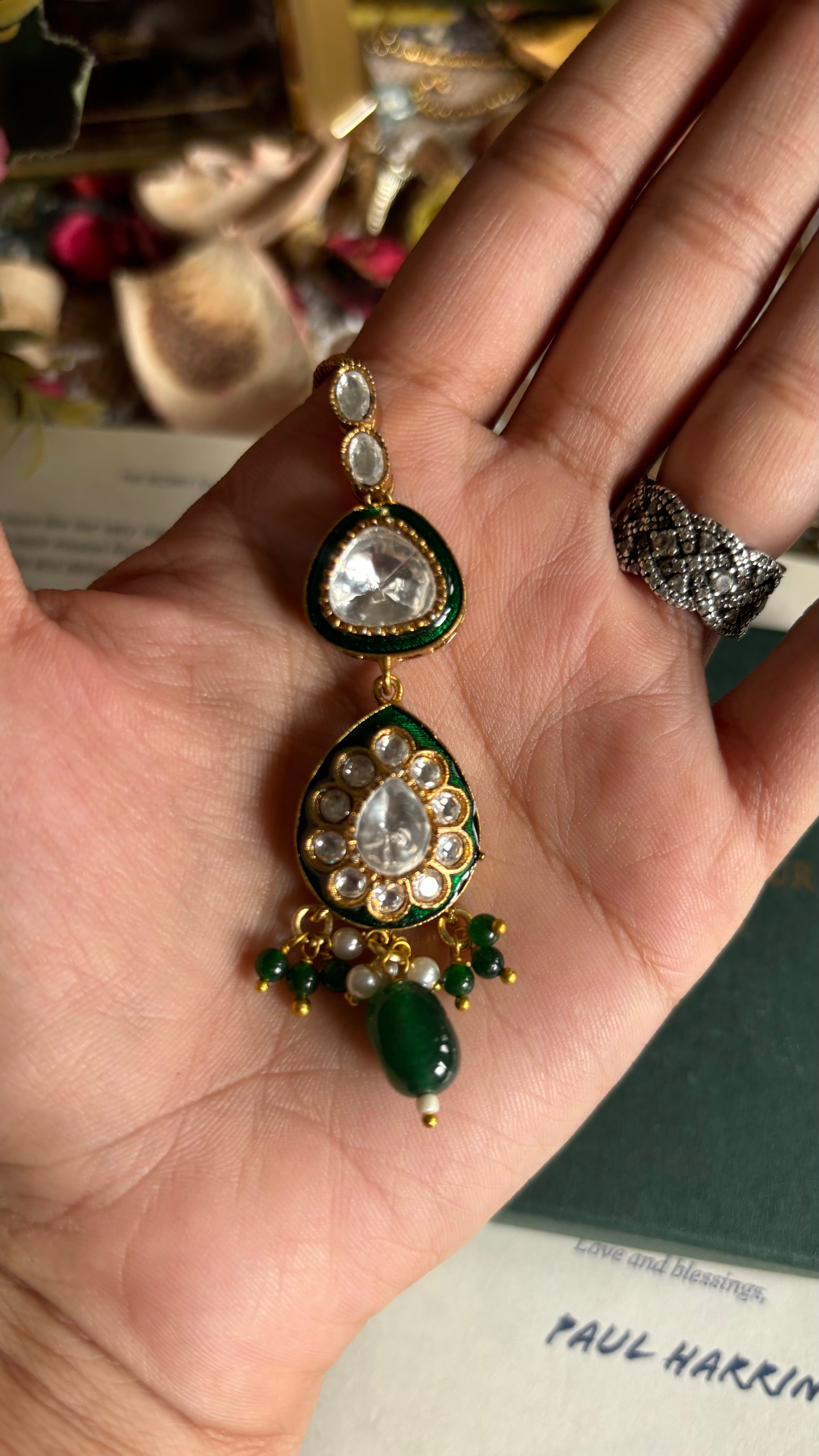 Emerald drop & meenakari maangtika