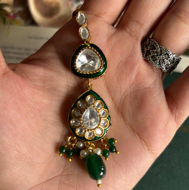 Emerald drop & meenakari maangtika