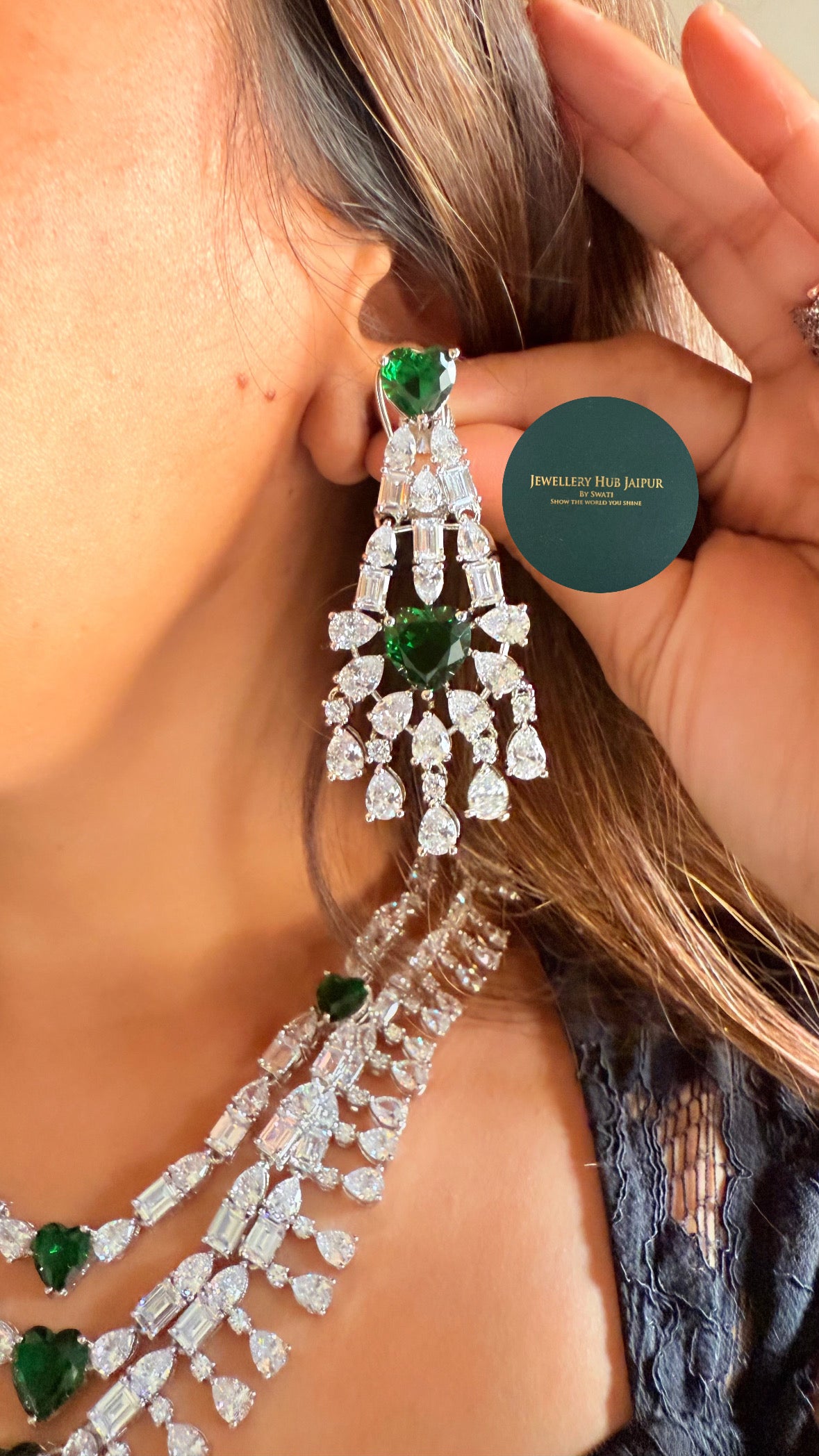 Soni Emerald heart diamond triple layer necklace