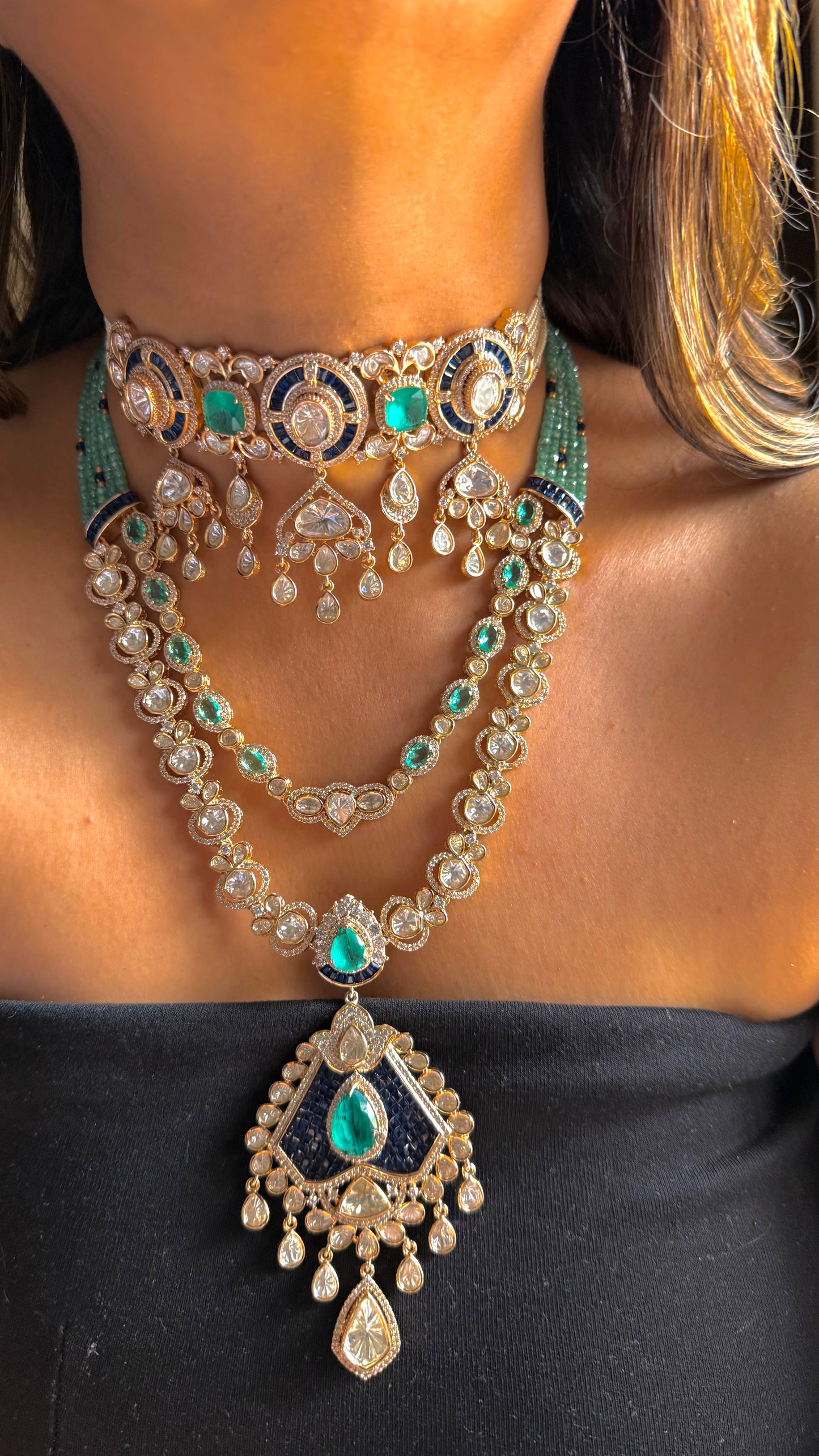 Emerald & sapphire designer necklace combo