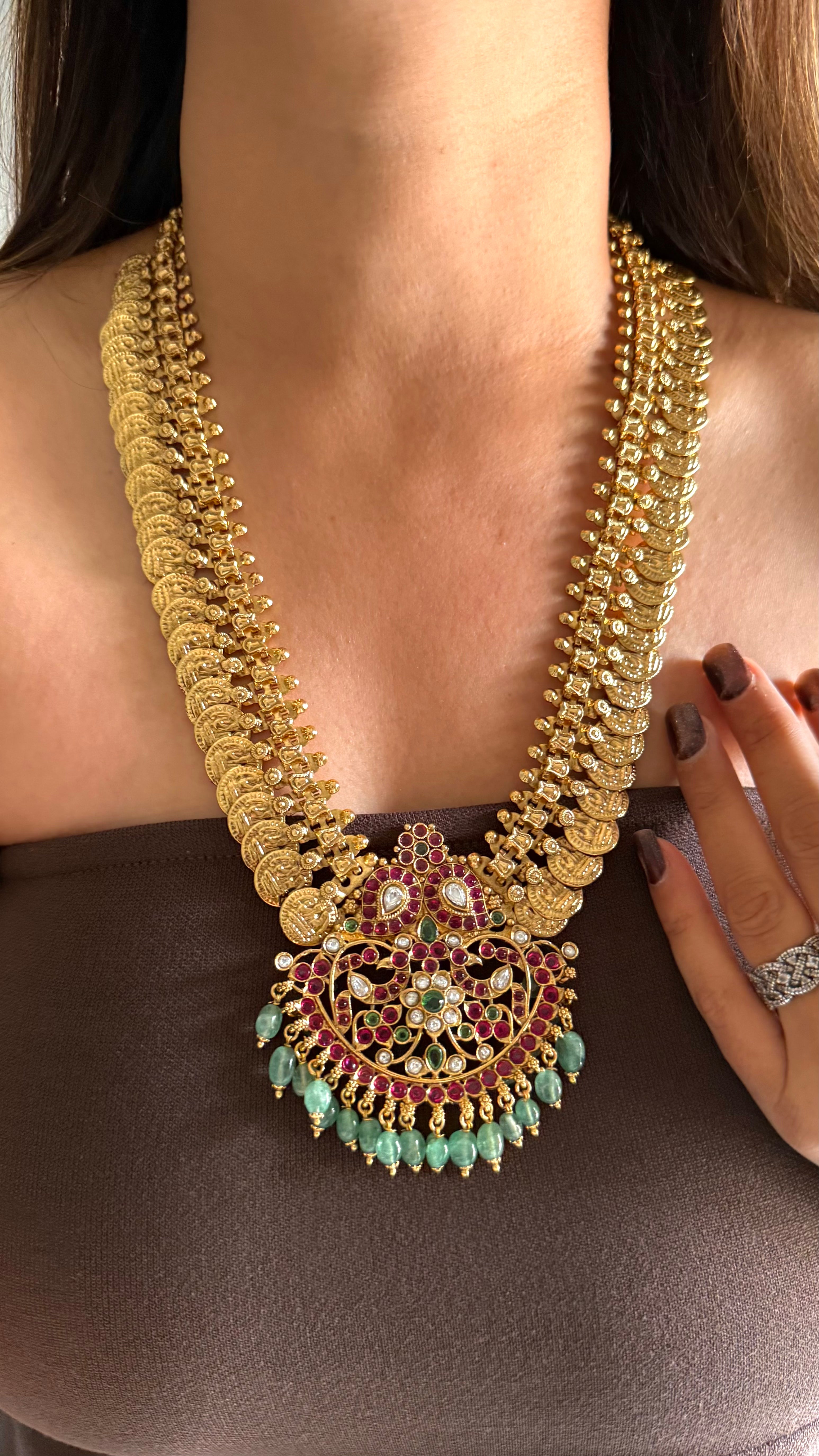 Rani pink & mint coin designed temple set