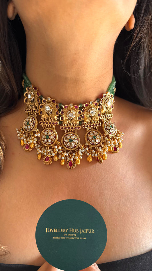 Ruby & mint rajwada heritage choker with danglers
