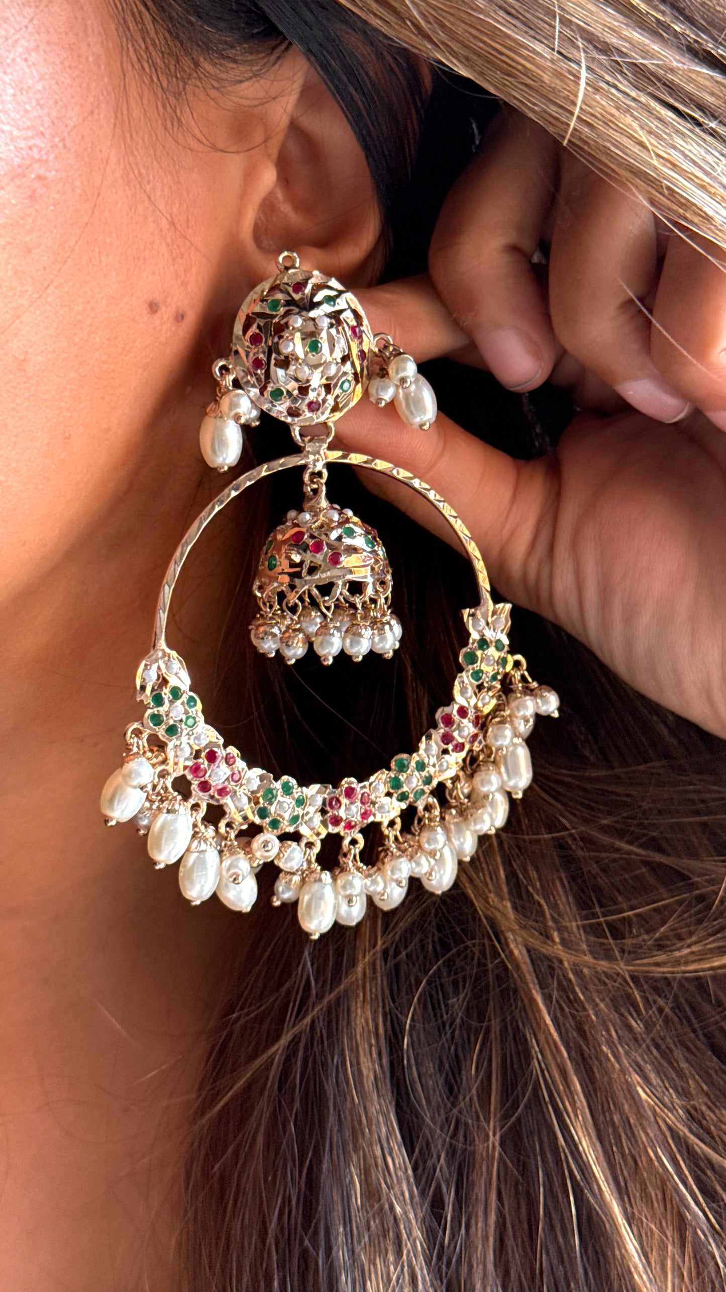 Jadau floral Chandbali with pearl detailing