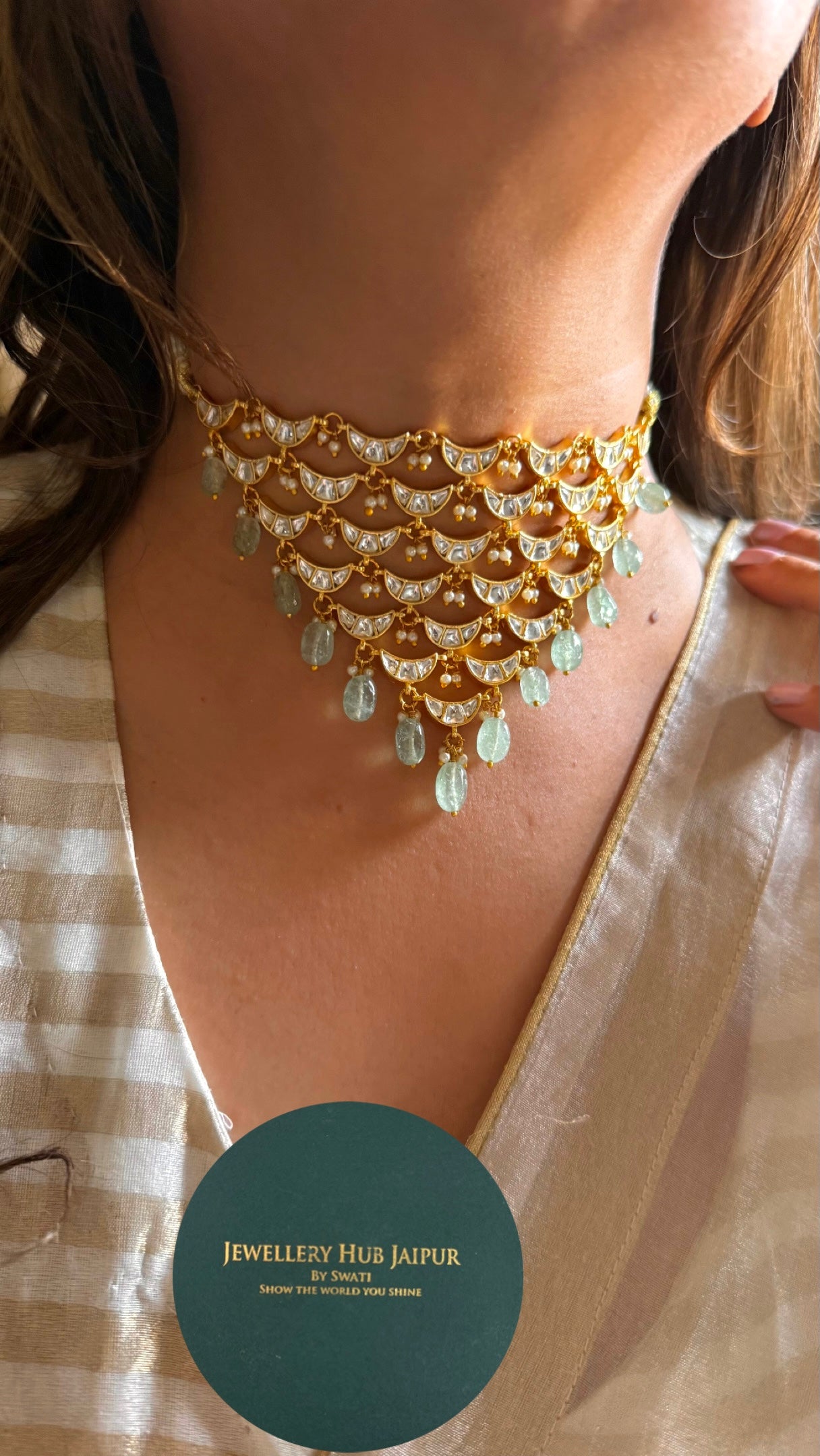 Design white half moon with mint drops choker  Necklace