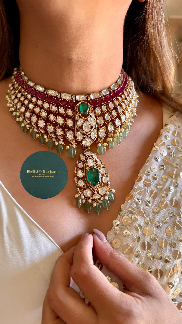 Gulaal Emerald doublet ruby moissanite polki mint drop necklace set
