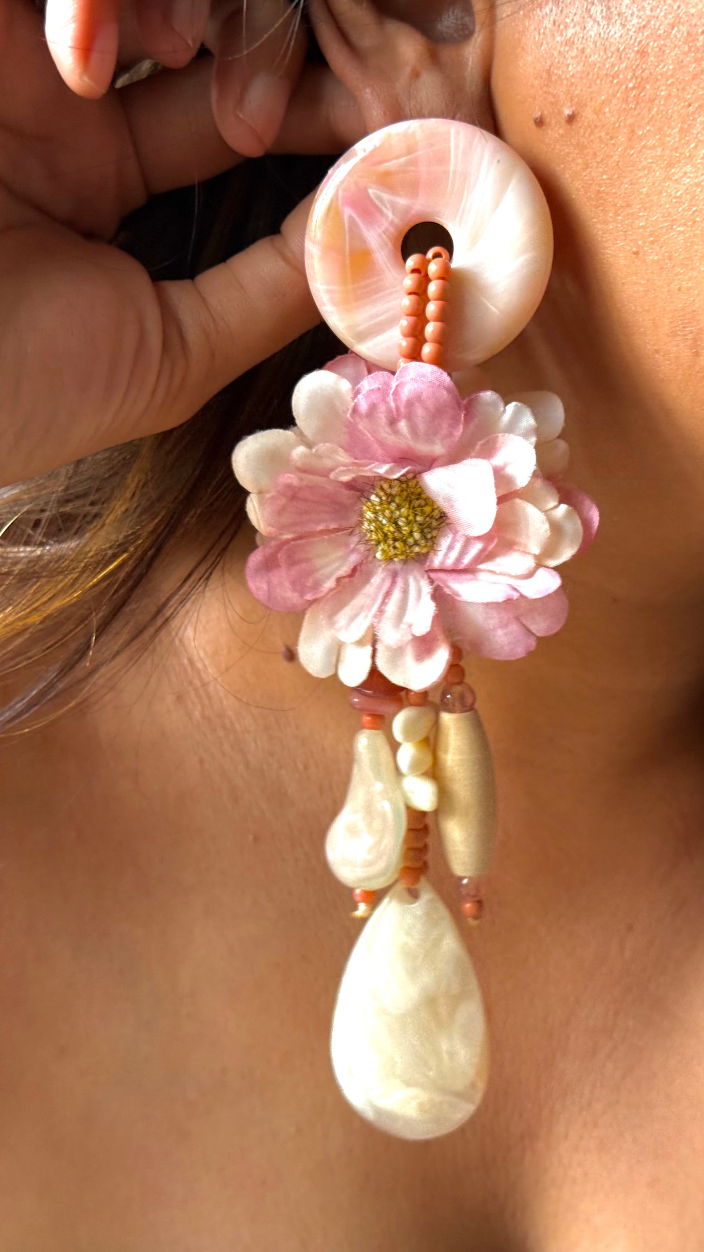 Light Pink floral Carnival Danglers with hint of beige