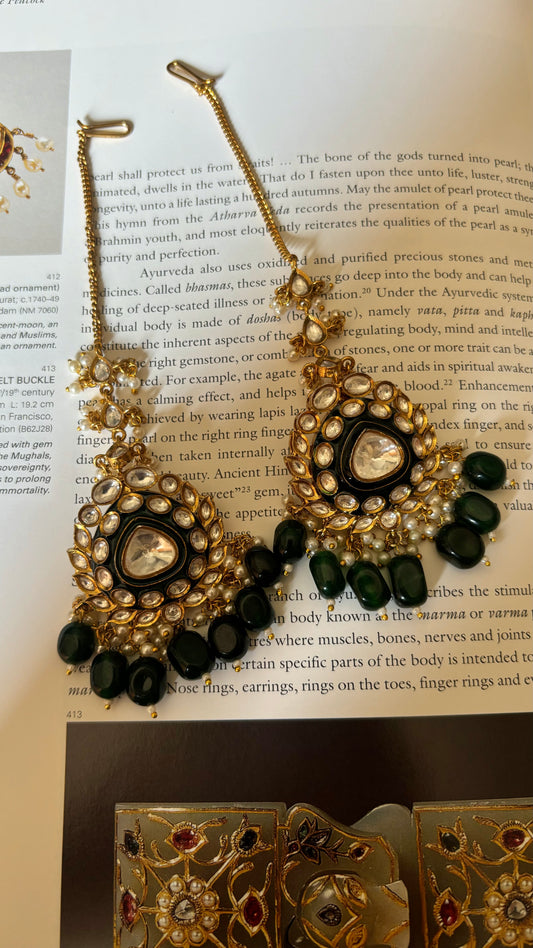 Emerald long meenakari polki studs with polki ladi