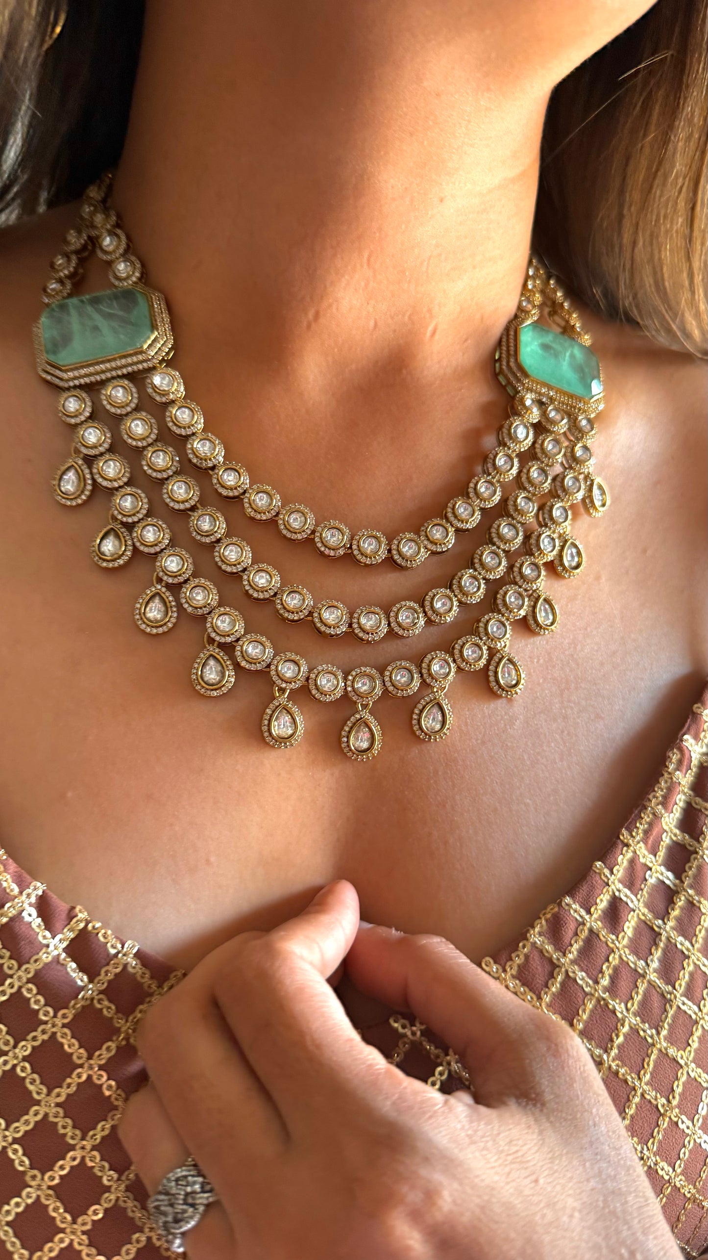 Chitra Mint doublet moissanite triple layer collar necklace