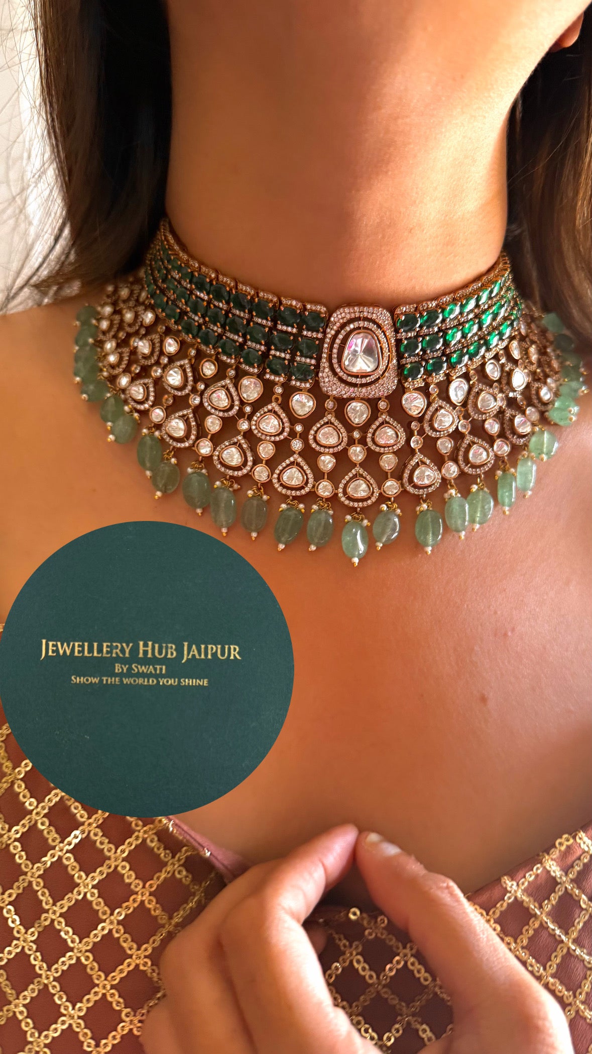 Anshika Emerald moissanite polki & mint drops choker