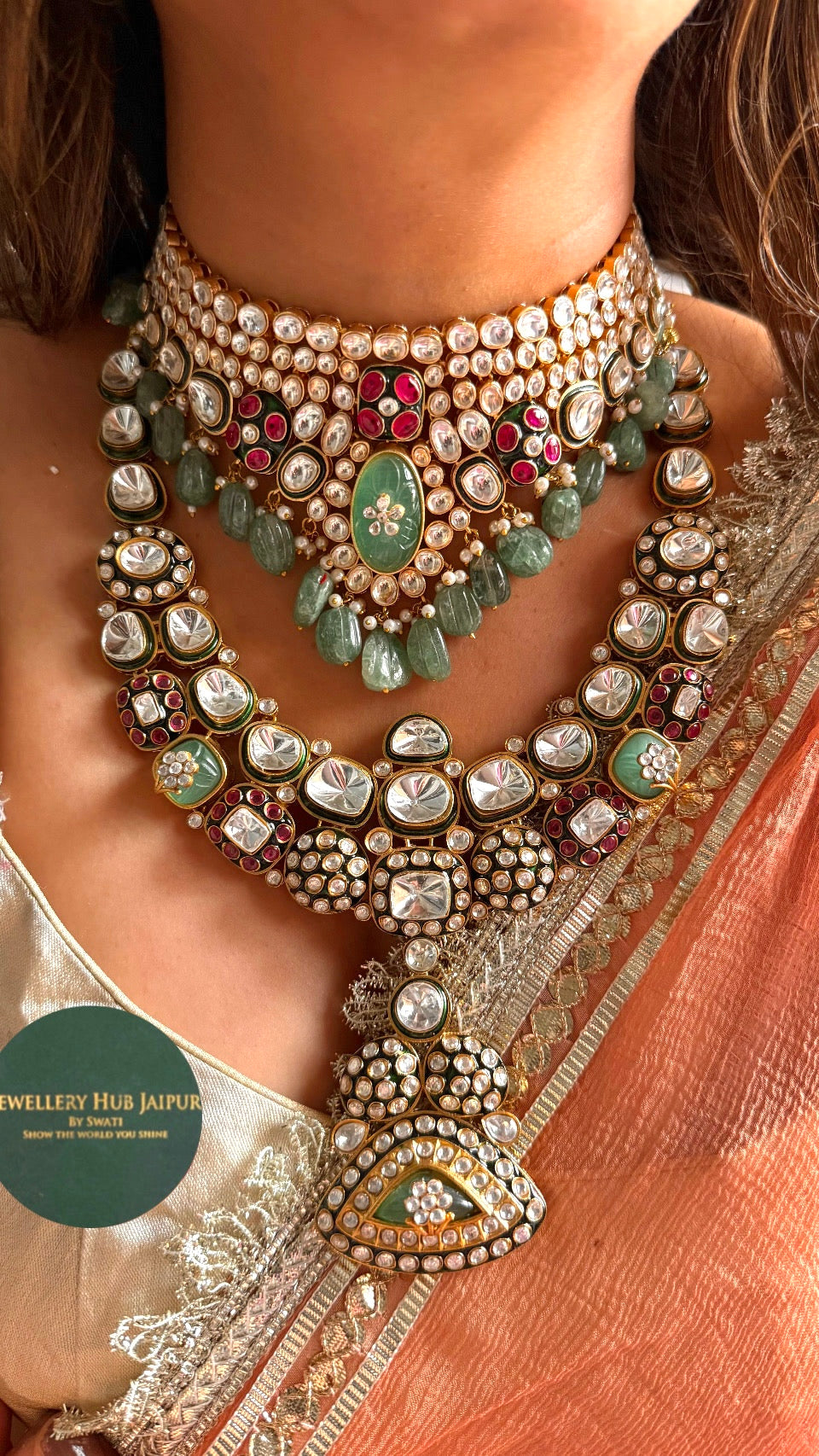 Meenakari bridal combo with mint drops Necklace