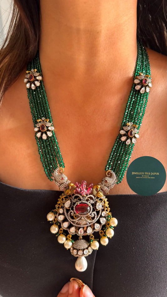 Emerald victorian Chandi polki long necklace