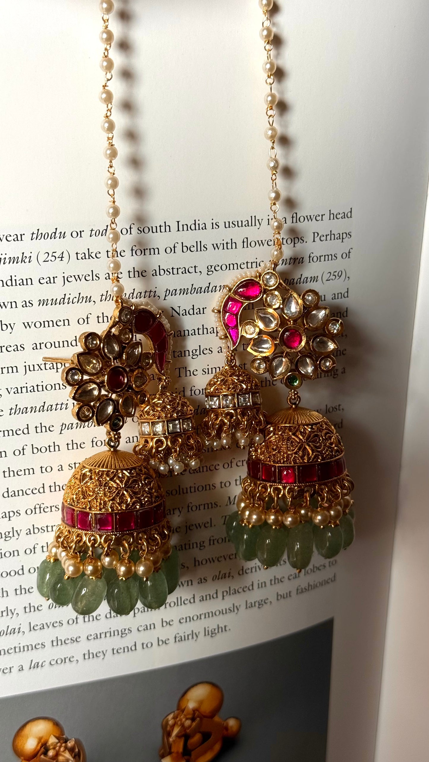 Ruby & mint rajwada jhumki with ear chain