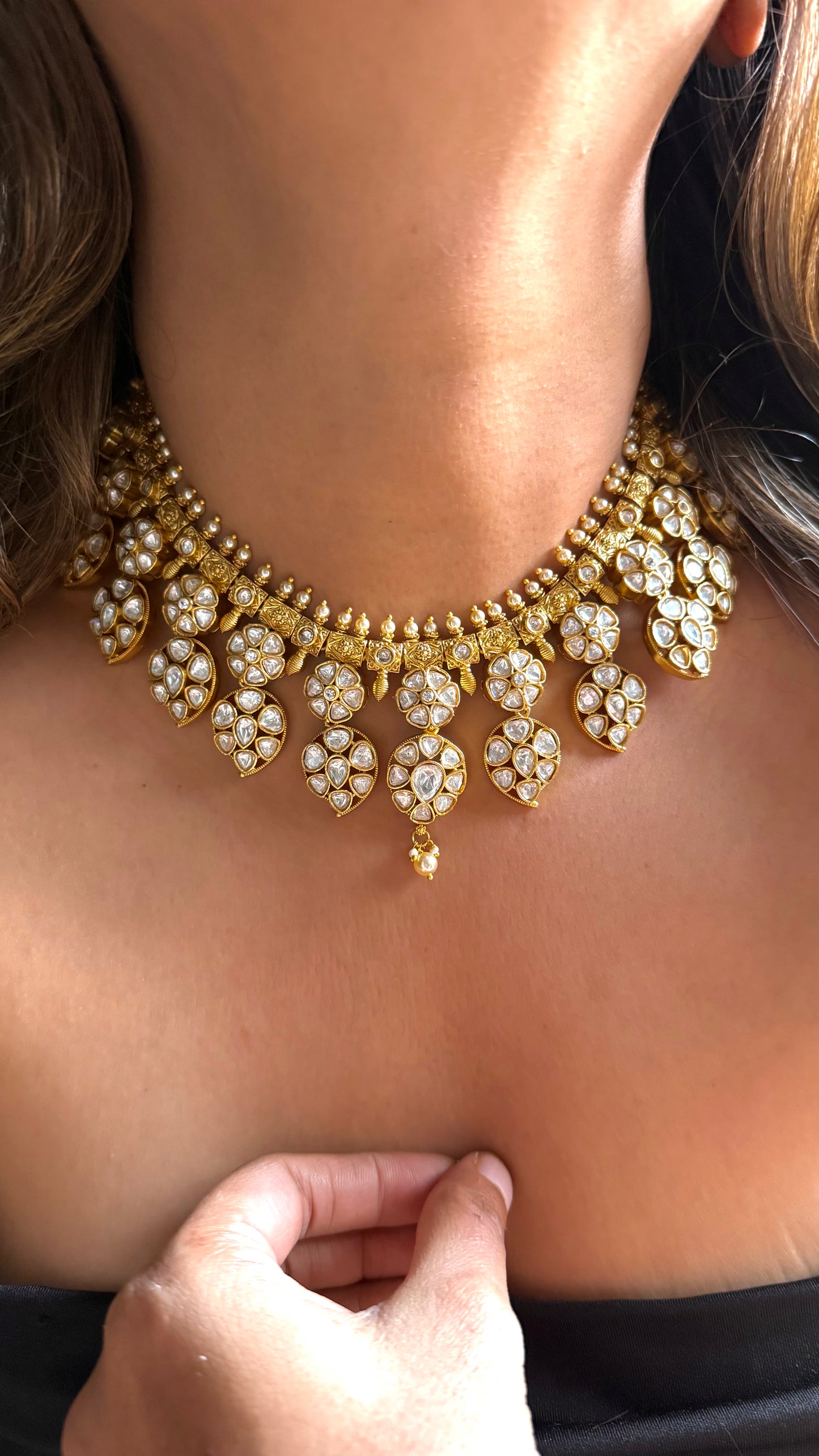 Heritage Floral polki necklace with pearl detailing