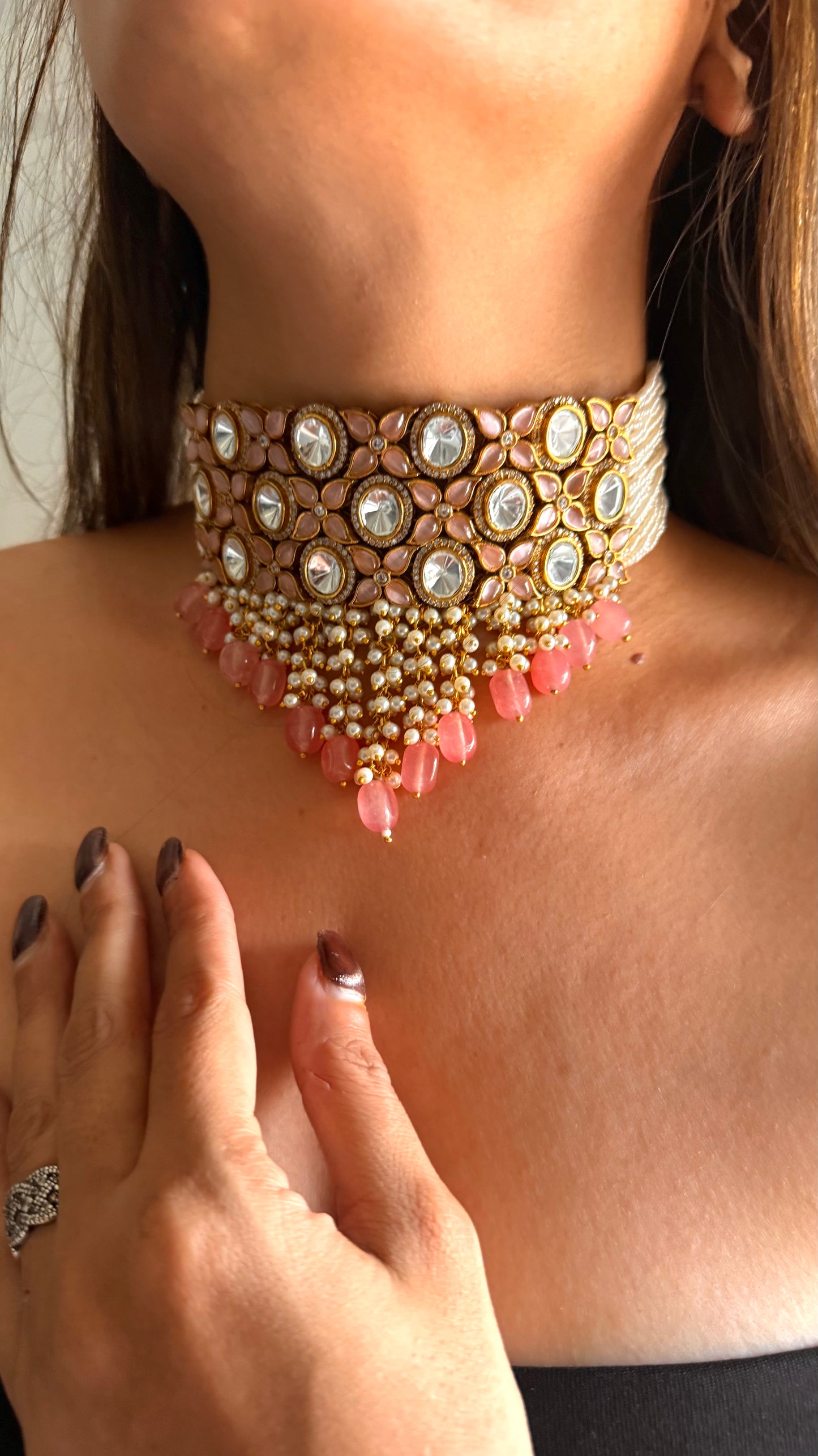 Rose quartz moissanite uncut thread choker