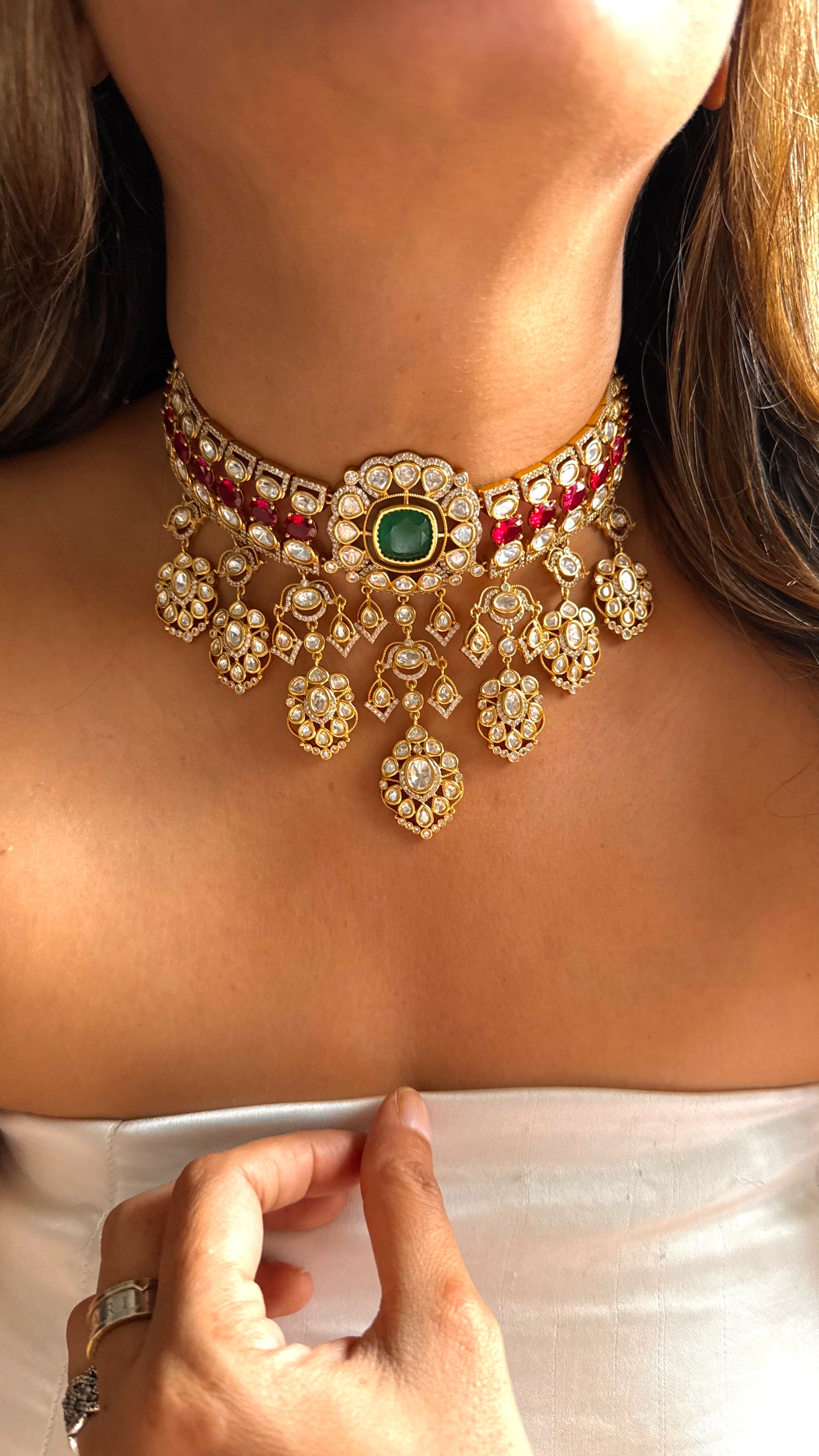 Emerald & Ruby Polki waterfall, choker