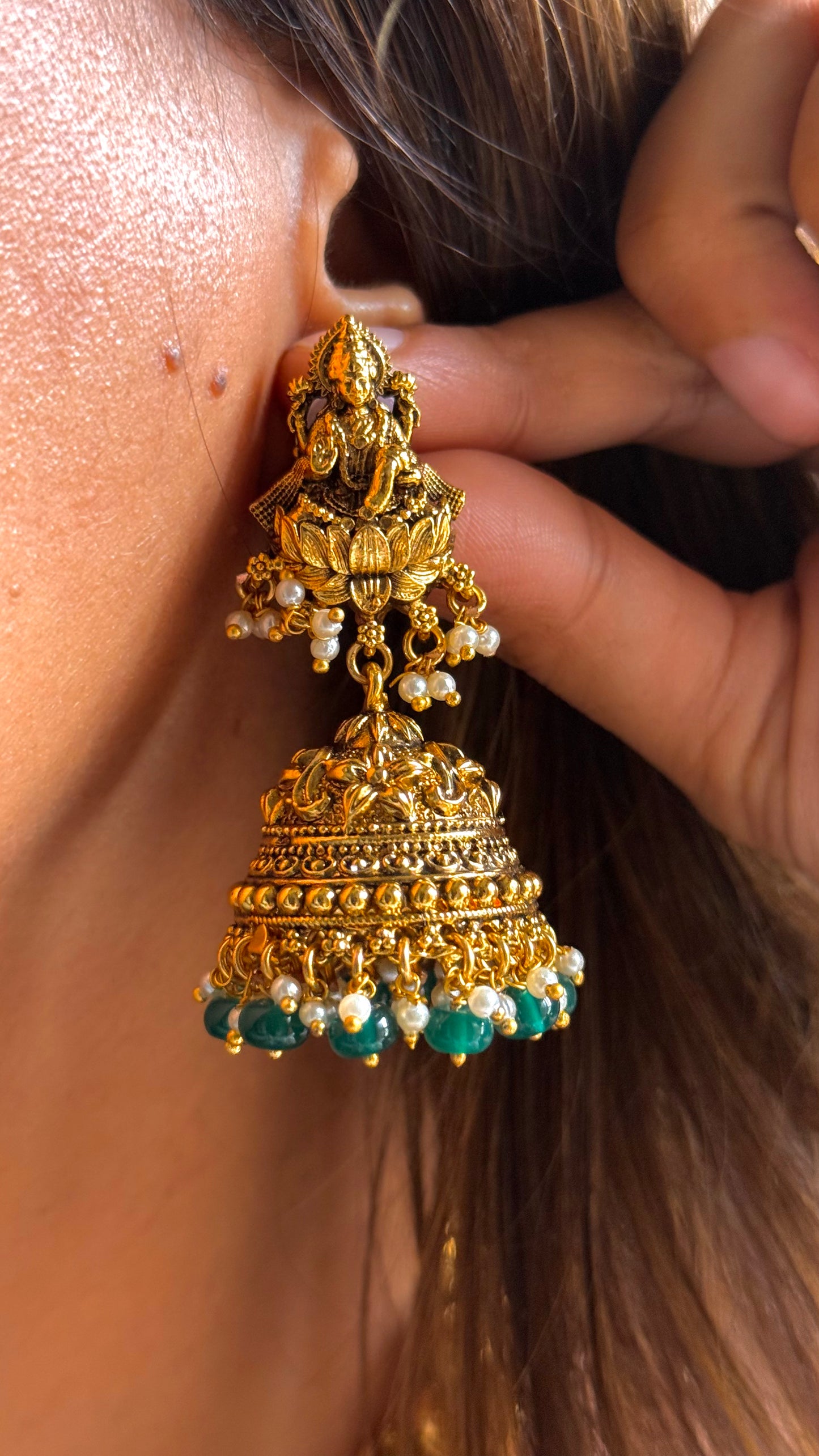 Goddess, Laxmi dual layer necklace with emerald drop detailing