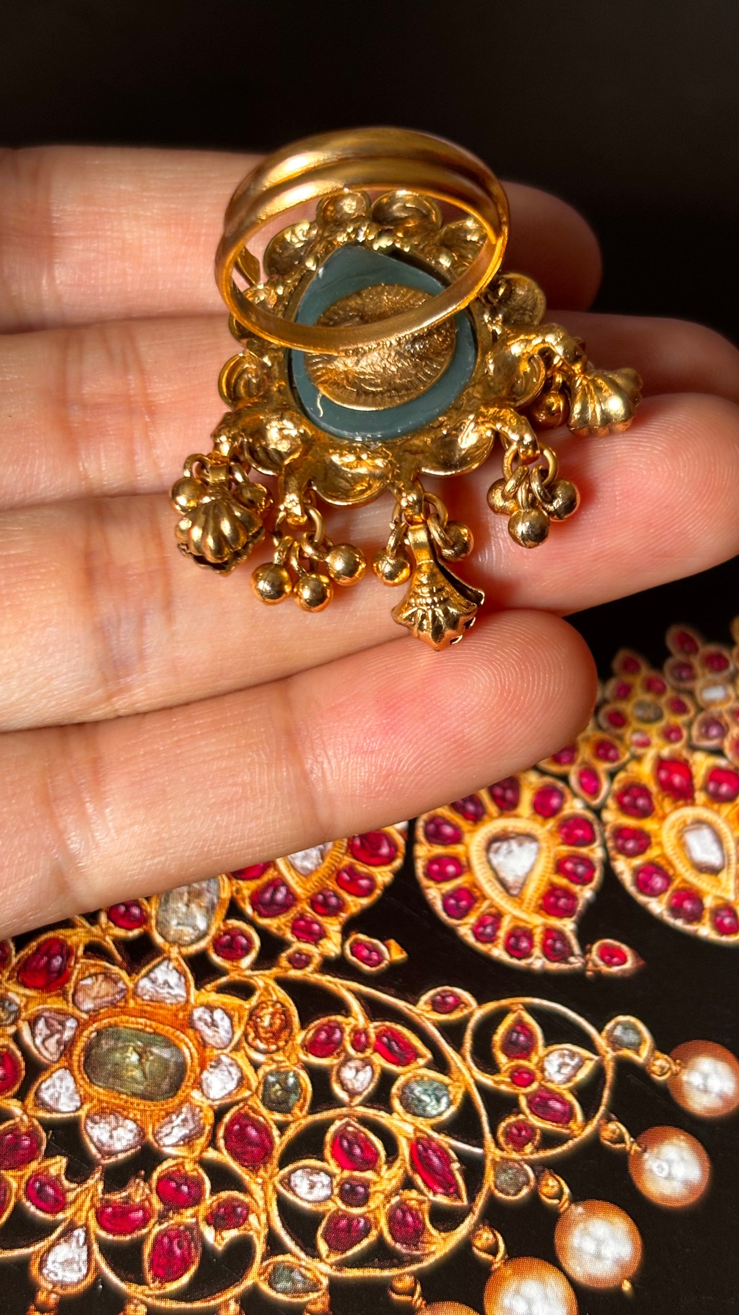 Mint inlay with gungroo drops rajwada adjustable Ring