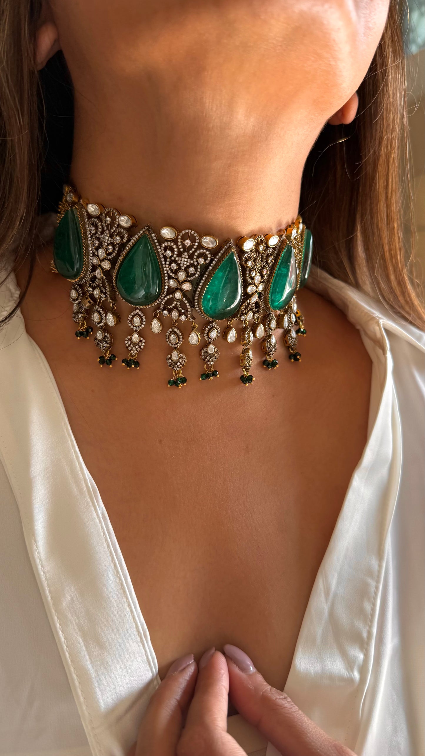 Yugma Emerald doublet victorian moissanite choker